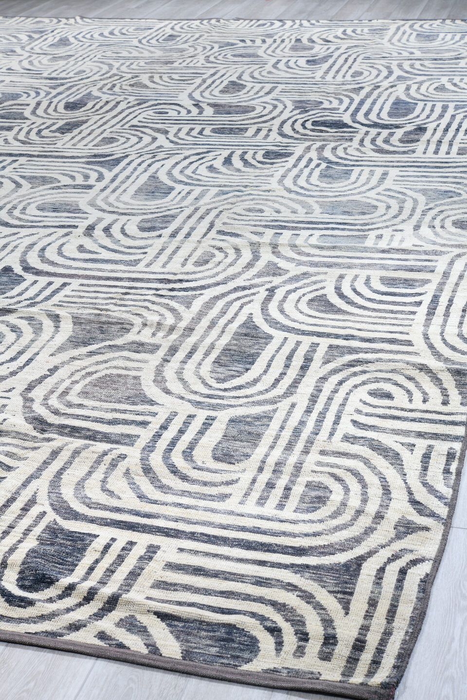 13' x 19' one-of-a-kind handmade vintage Tulu oversize rug. Color palette: black, blue, dark gray, dim gray, gainsboro, gray