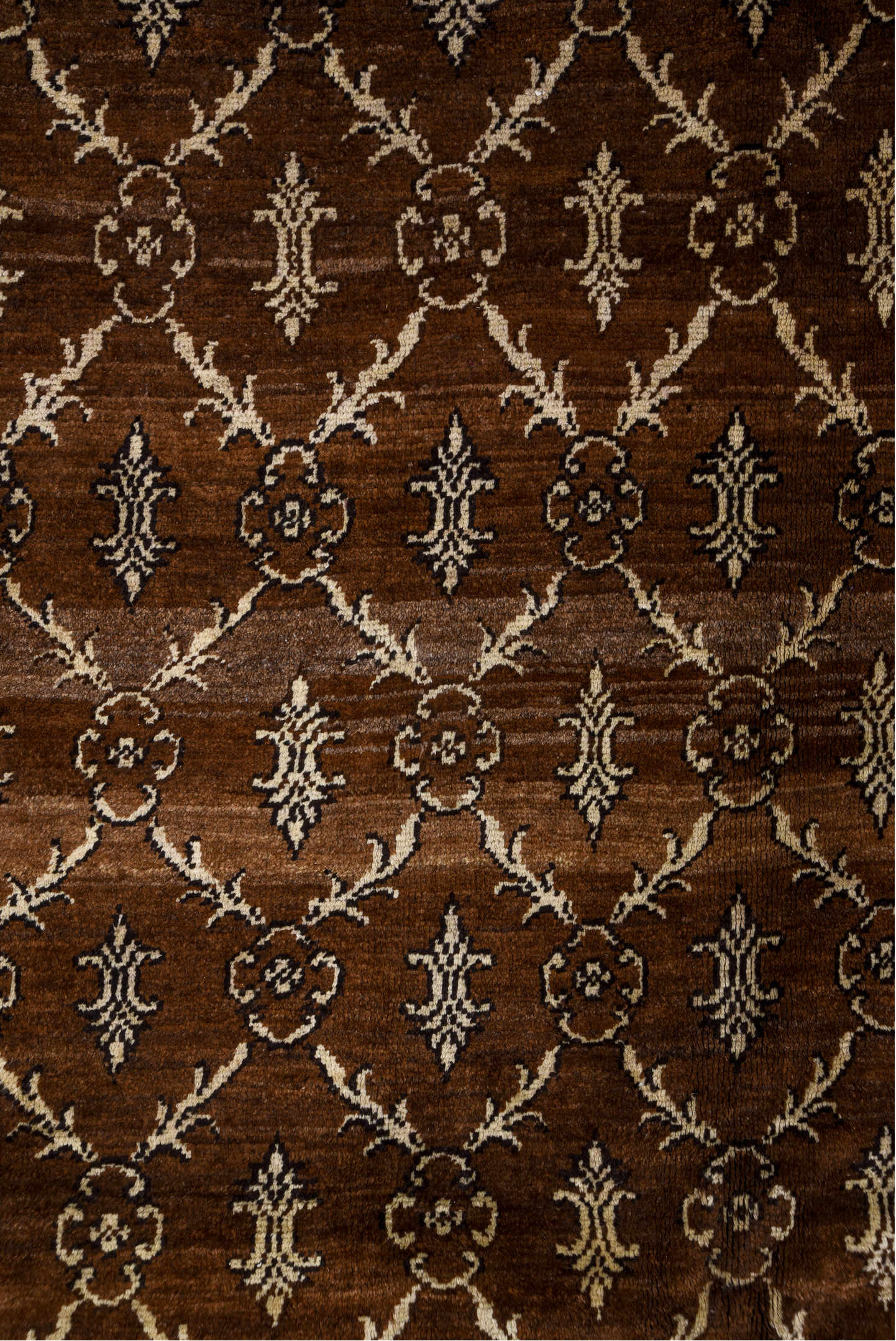 7' x 9' one-of-a-kind handmade vintage Kars rug. Color palette: brown, gray, light gray, off-white, pink