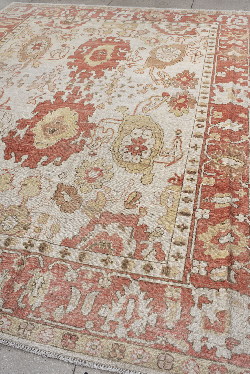 9' x 12' one-of-a-kind handmade vintage Oushak large size rug. Color palette: light gray, off-white, gray, brown, pink