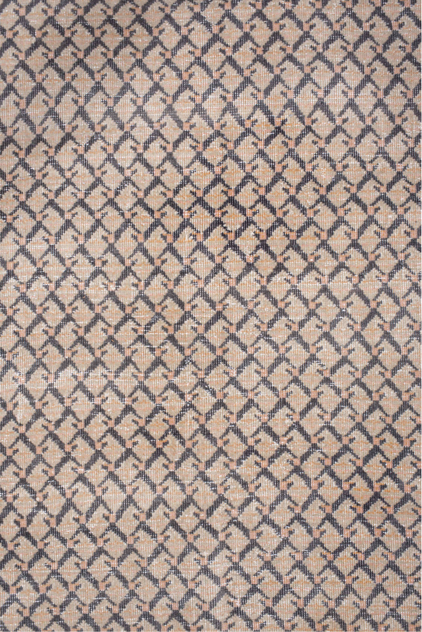 8' x 11' one-of-a-kind handmade vintage Saraband large size rug. Color palette: black, blue, brown, charcoal, gray