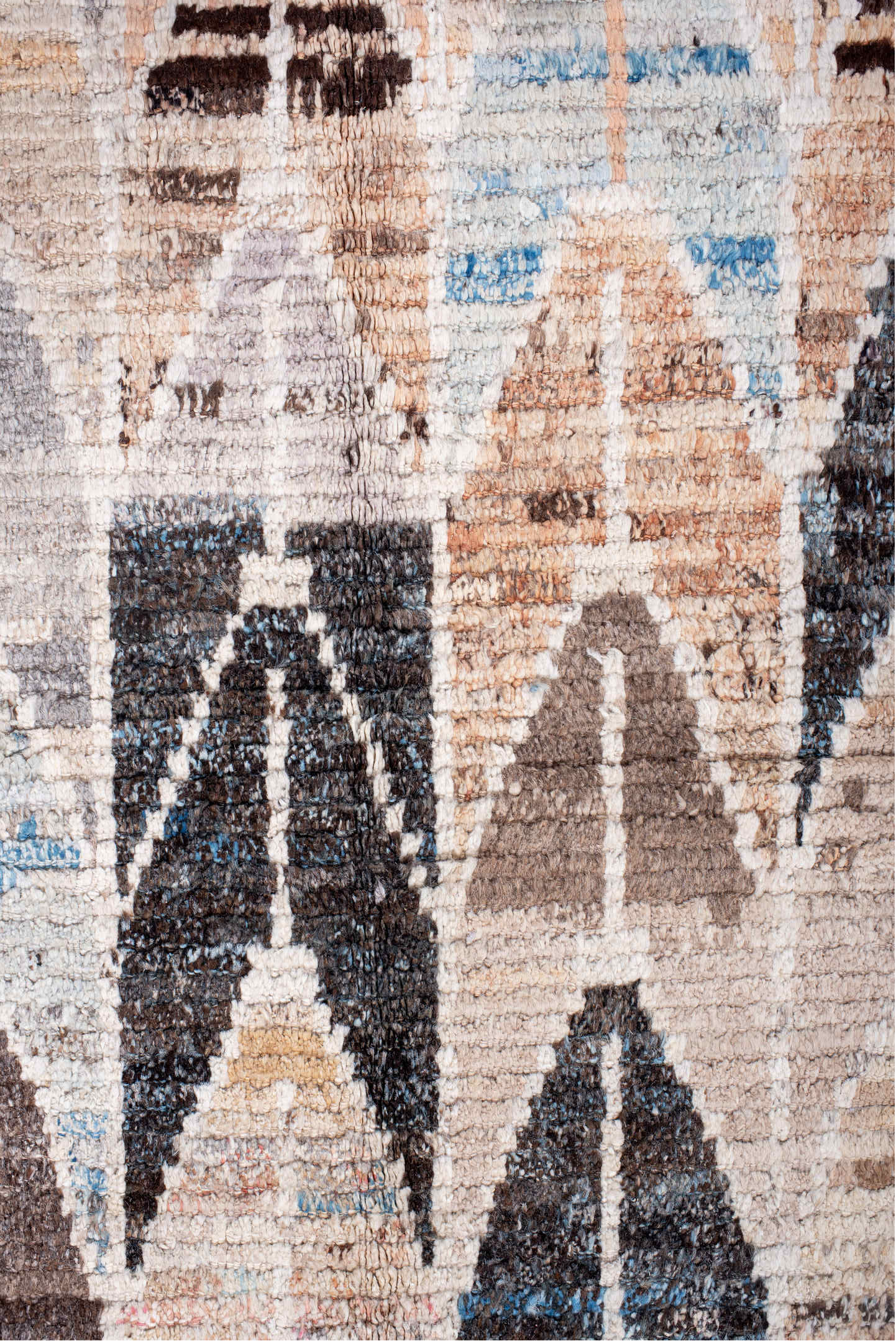 12' x 15' one-of-a-kind handmade vintage Tulu oversize rug. Color palette: black, blue, brown, dark gray, dim gray, gray