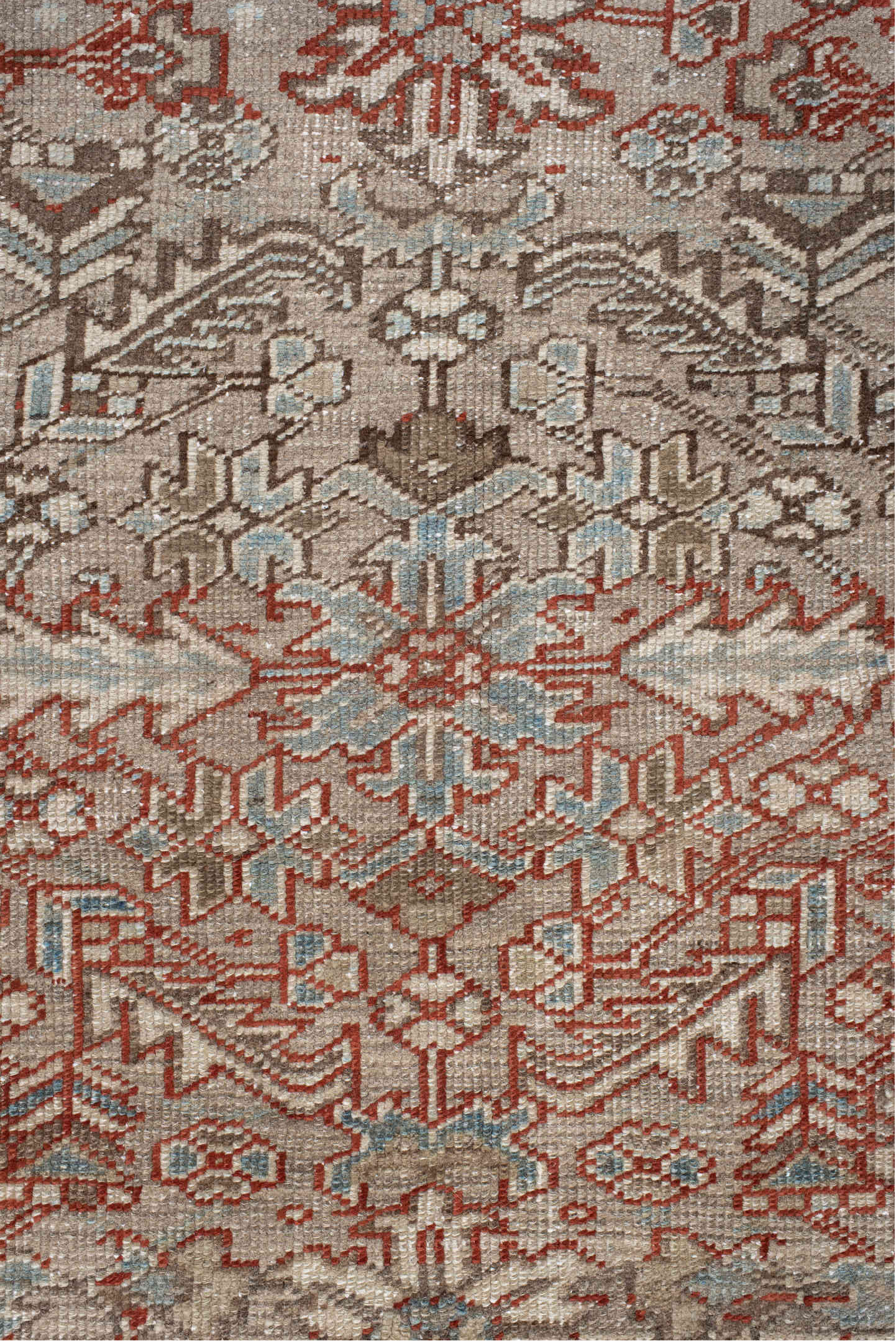 7' x 8' one-of-a-kind handmade vintage Heriz rug. Color palette: gray, light gray, black, brown, red, pink, off-white