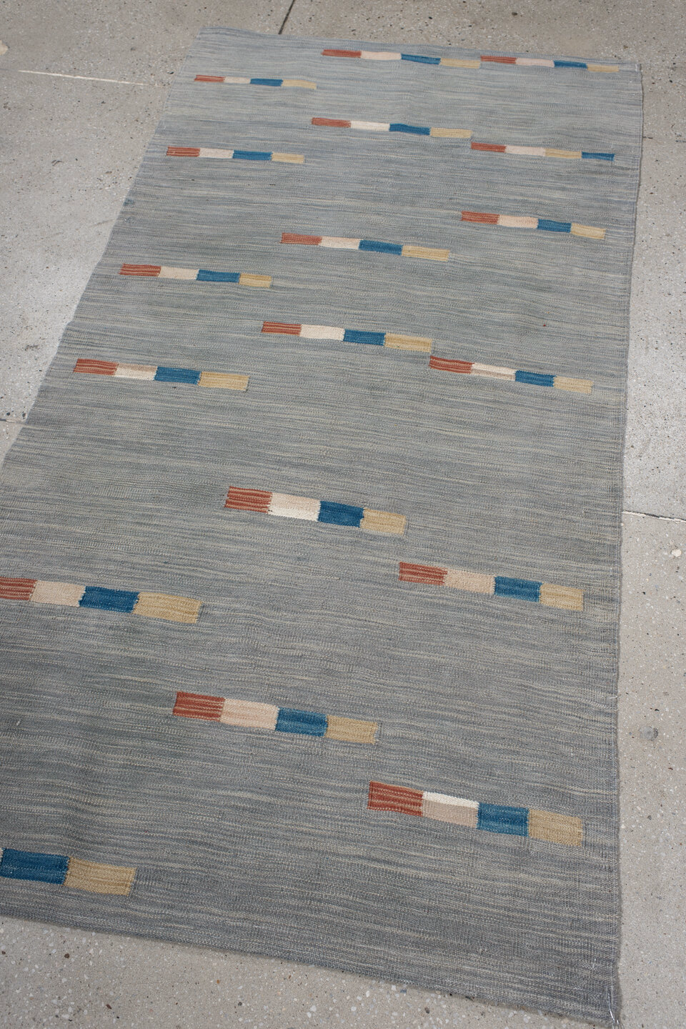 3' x 6' one-of-a-kind handmade vintage Kilim runner rug. Color palette: blue, brown, dark gray, dim gray, gray, light gray