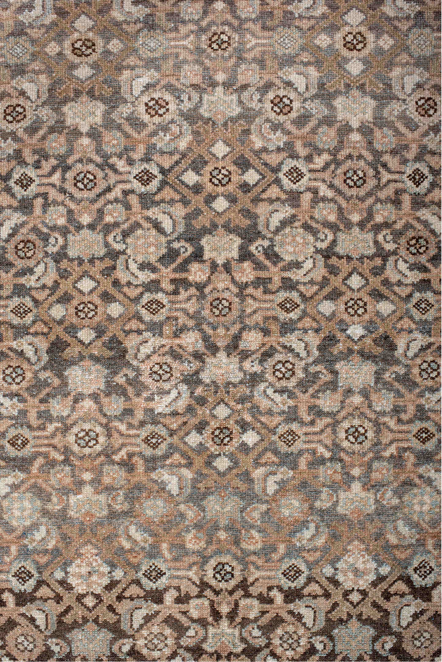 3' x 4' one-of-a-kind handmade vintage Malayer small size rug. Color palette: brown, dim gray, gray, light gray, off-white