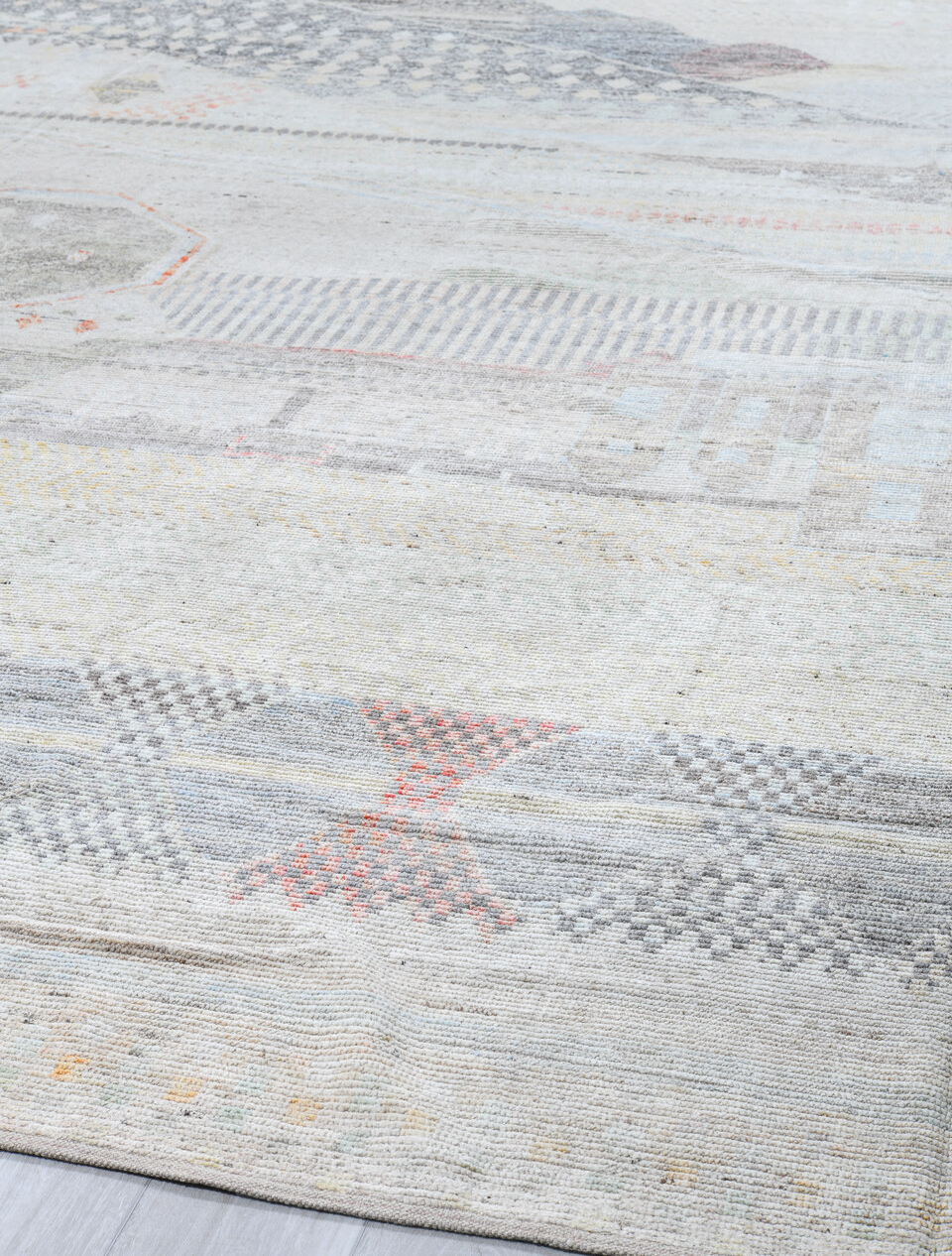 14' x 19' one-of-a-kind handmade vintage Tulu oversize rug. Color palette: dark gray, dim gray, gainsboro, gray, light blue