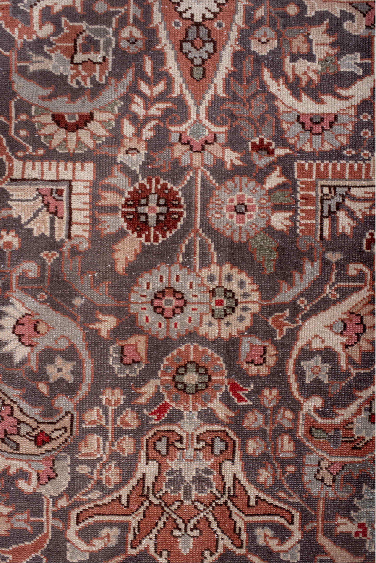 3' x 7' one-of-a-kind handmade vintage Sivas runner rug. Color palette: brown, gray, light gray, misty rose, off-white