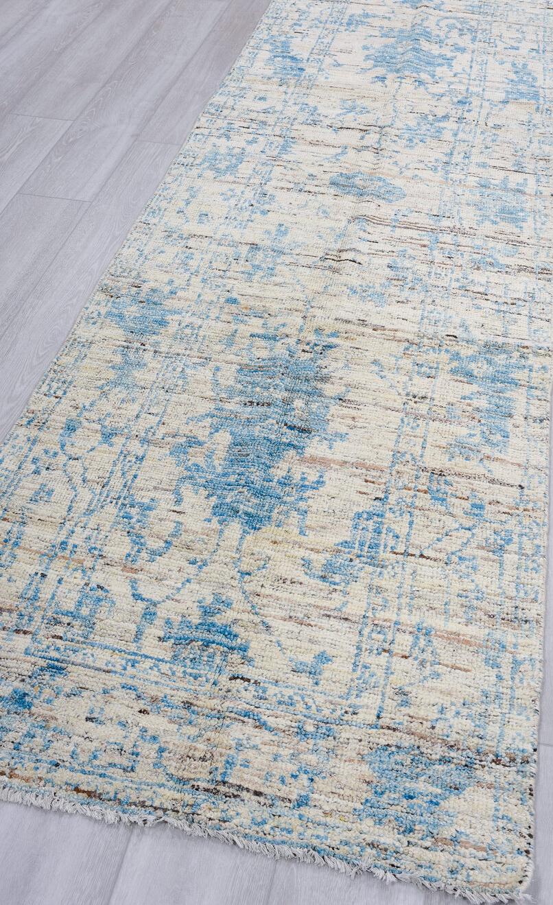 3' x 10' one-of-a-kind handmade vintage Tulu runner rug. Color palette: black, blue, charcoal, dim gray, gray, light blue