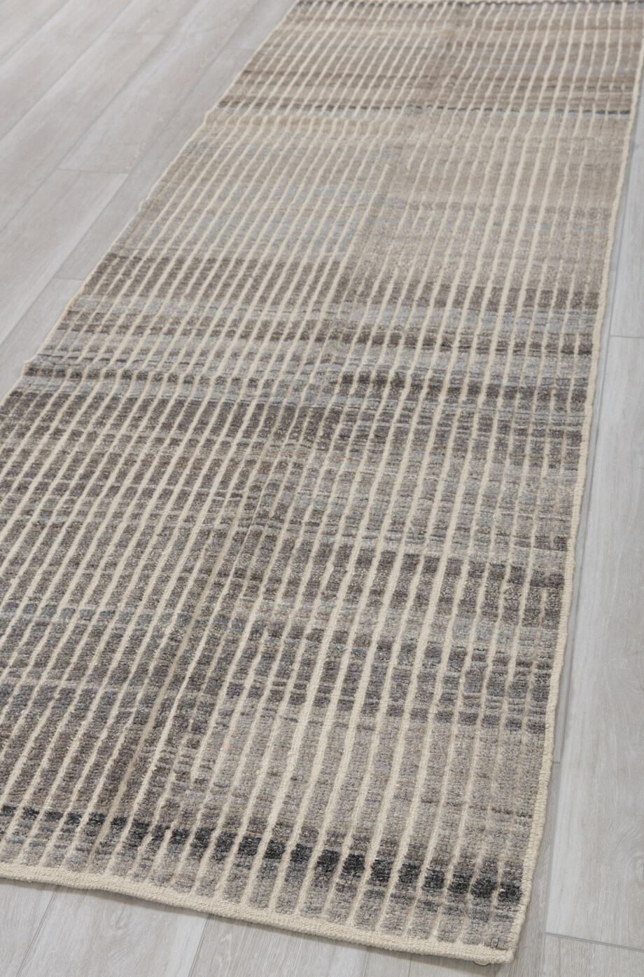 3' x 9' one-of-a-kind handmade vintage Tulu runner rug. Color palette: black, charcoal, dark gray, dim gray, gray