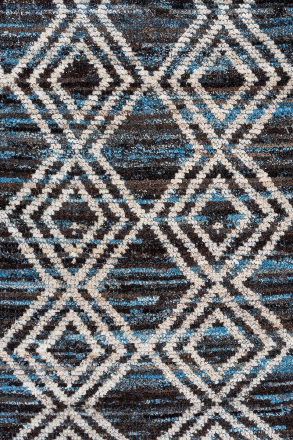 10' x 13' one-of-a-kind handmade vintage Tulu large size rug. Color palette: arapawa, black, blue, charcoal, dark gray