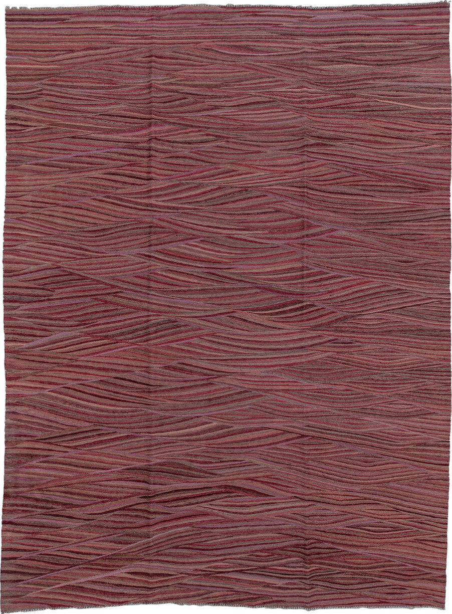 8' x 11' one-of-a-kind handmade vintage Kilim large size rug. Color palette: brown, gray, pink, red