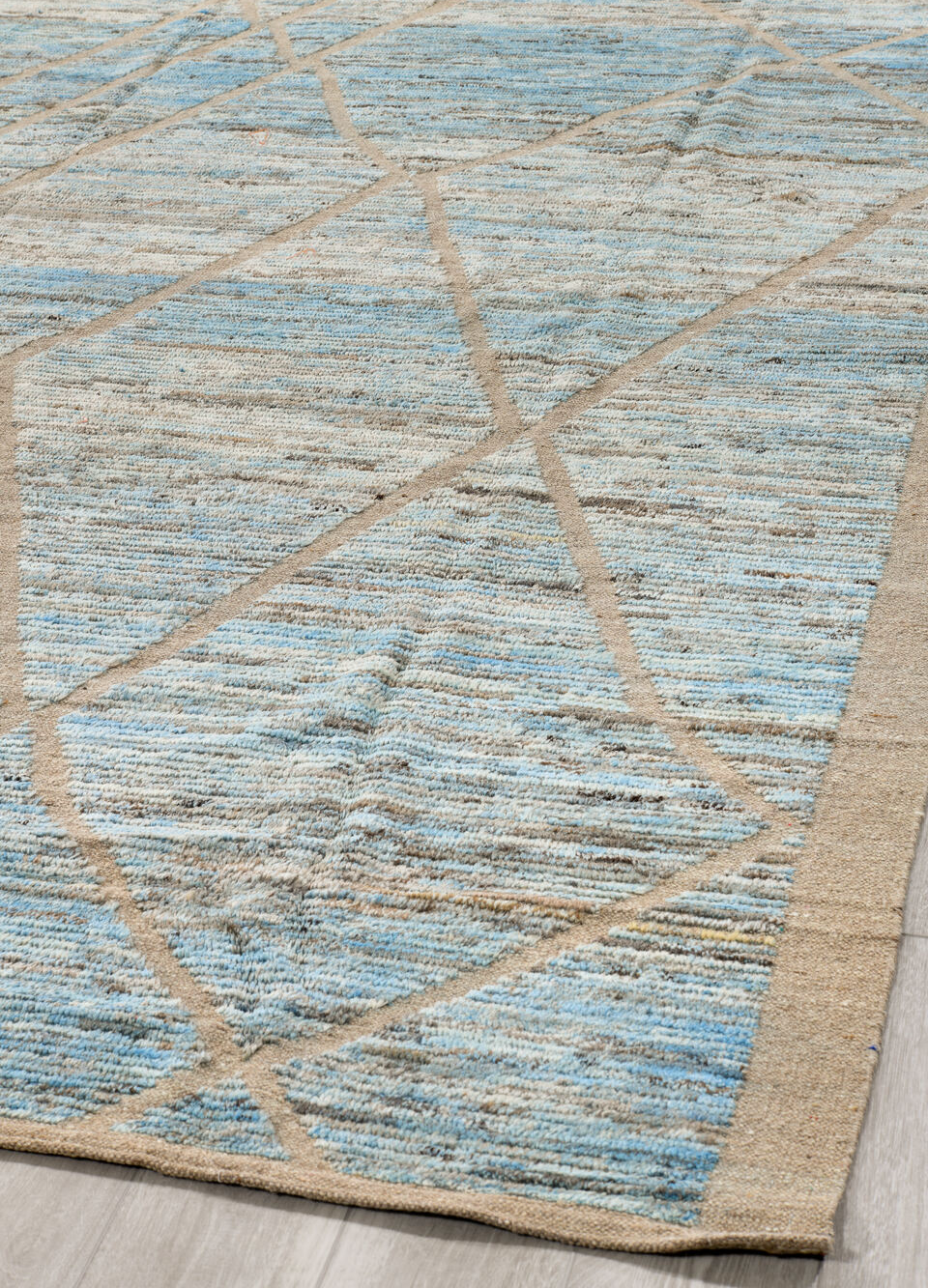 8' x 9' one-of-a-kind handmade vintage Tulu rug. Color palette: black, blue, brown, dark gray, gainsboro, gray, light blue