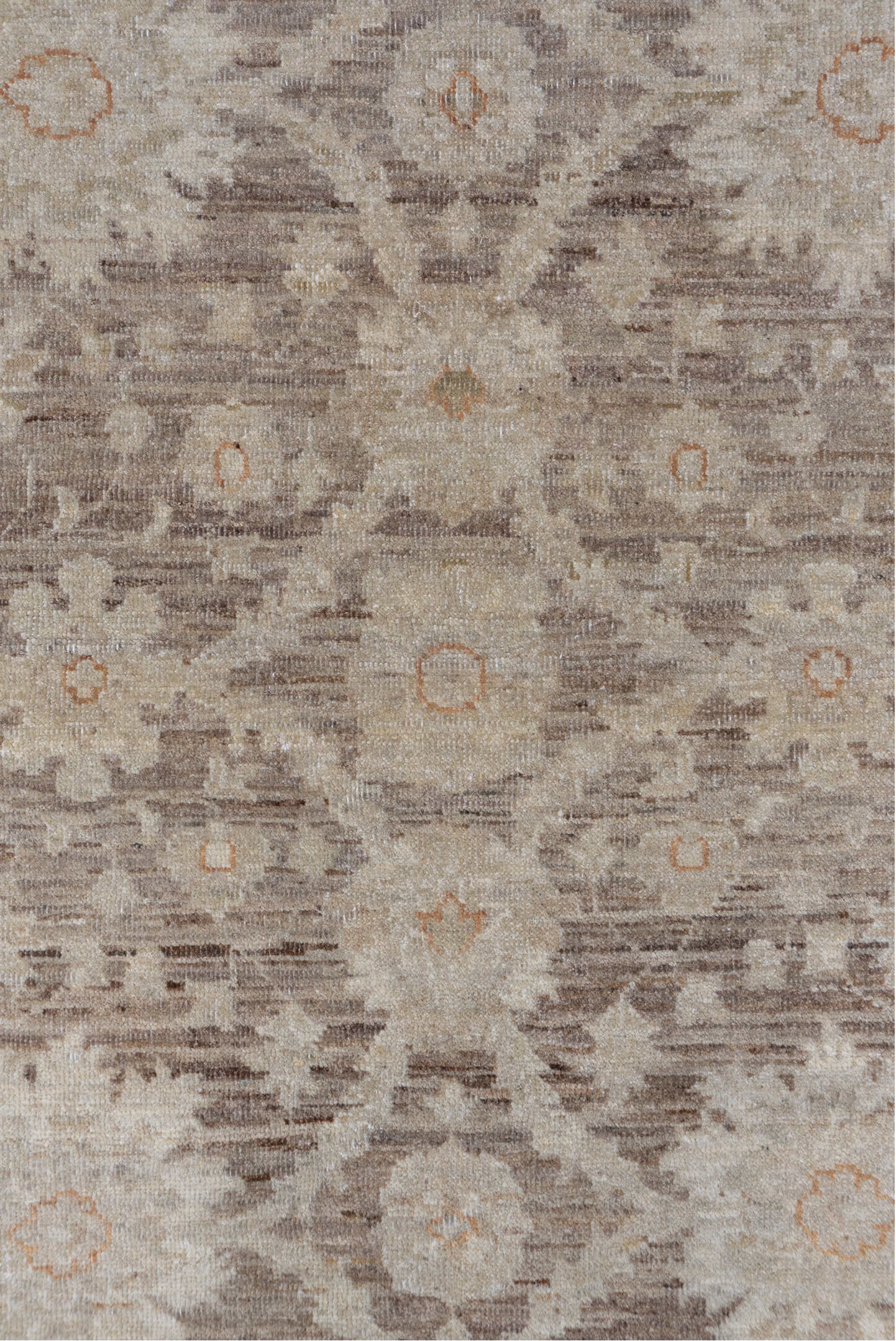 4' x 5' one-of-a-kind handmade vintage Sivas small size rug. Color palette: brown, gray, light gray, off-white, orange, pink