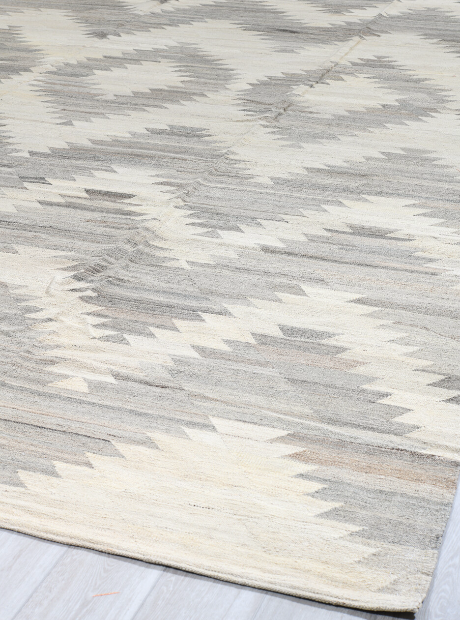 13' x 16' one-of-a-kind handmade vintage Kilim oversize rug. Color palette: dark gray, dim gray, floral white, gainsboro