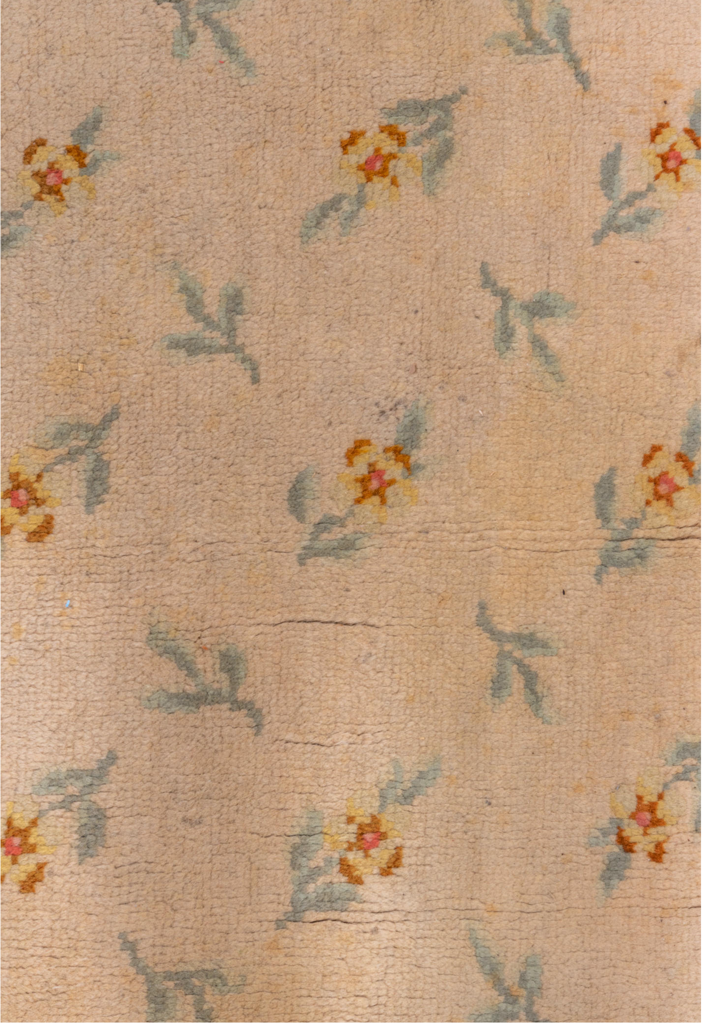 6' x 10' one-of-a-kind handmade vintage Savonnerie large size rug. Color palette: brown, burlywood, off-white, orange, red