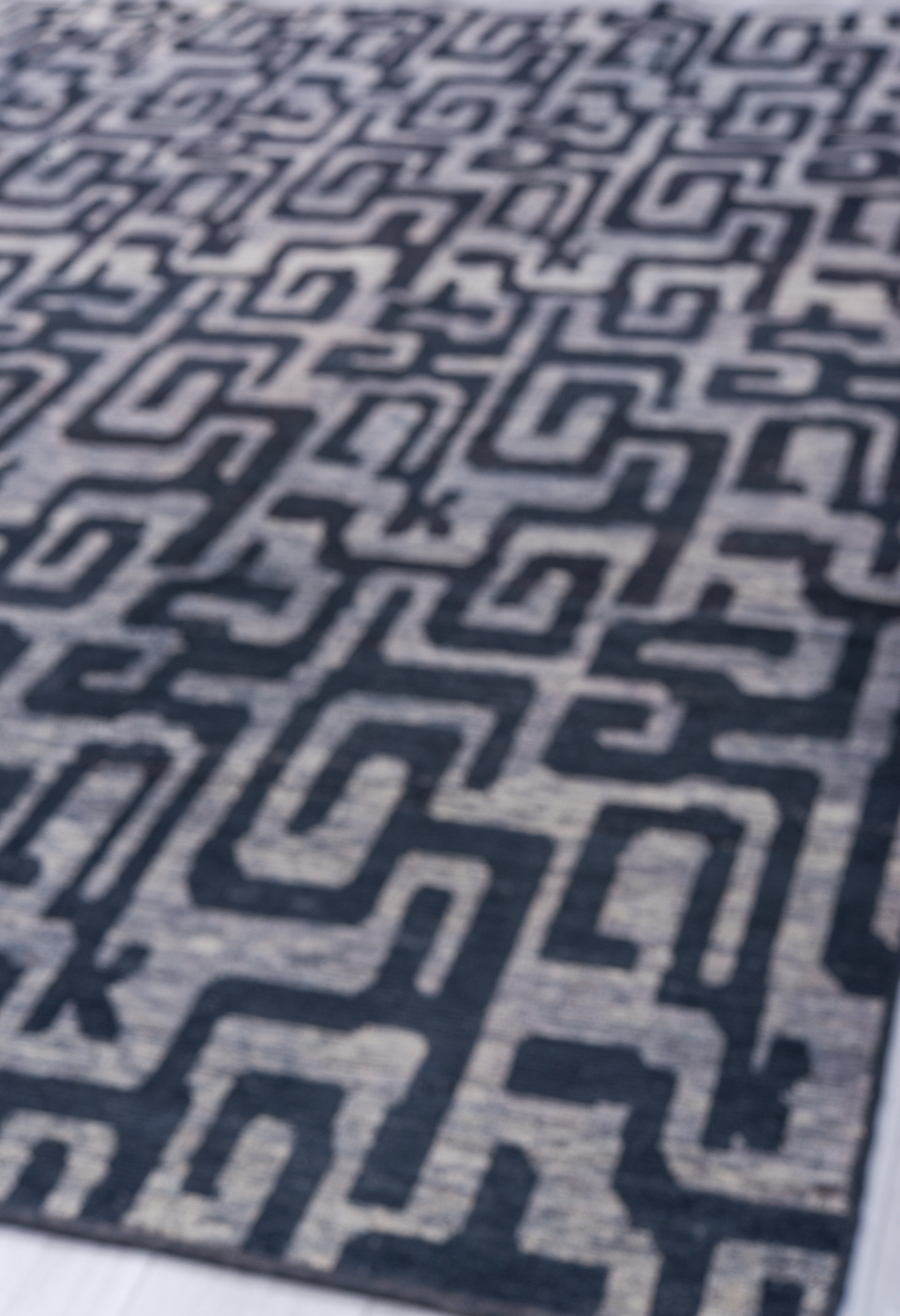 9' x 11' one-of-a-kind handmade vintage Tulu large size rug. Color palette: blue, dark gray, gray, light gray, off-white