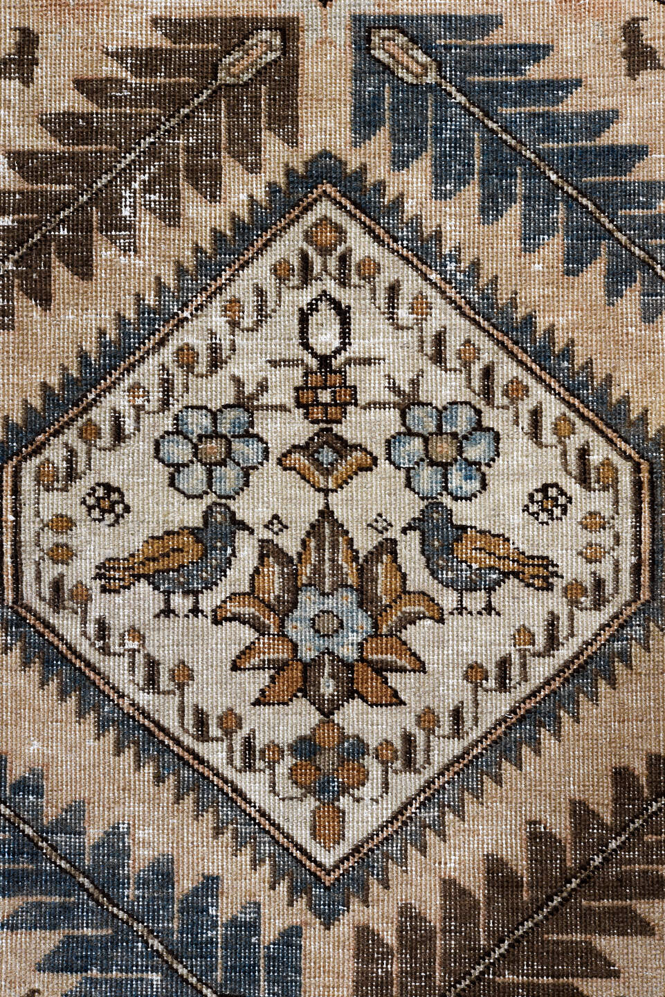 3' x 11' one-of-a-kind handmade vintage NW Persian runner rug. Color palette: brown, orange, gray, black, blue, light gray