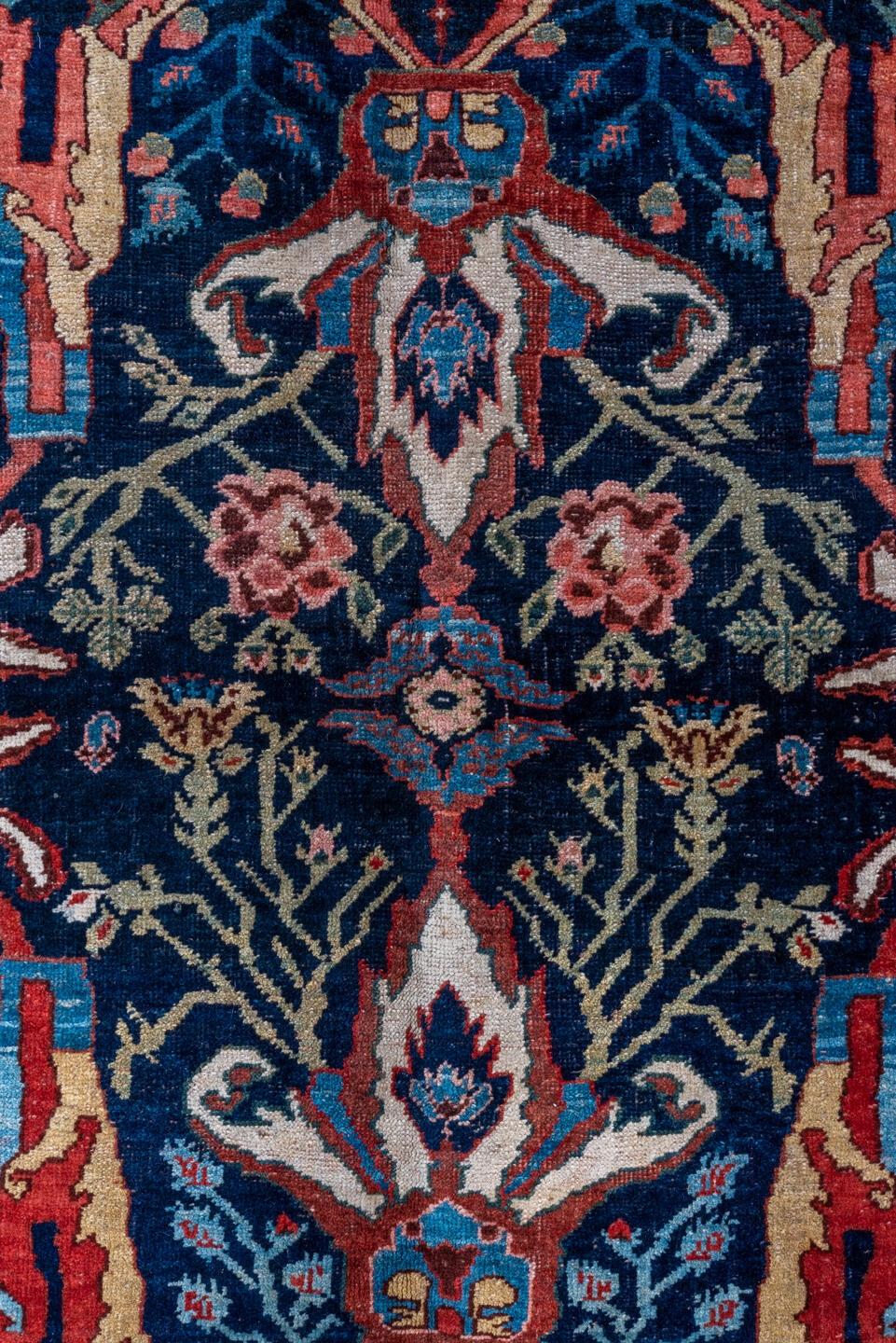 7' x 17' one-of-a-kind handmade vintage Bidjar rug. Color palette: black, blue, brown, dark gray, gray, pink, red