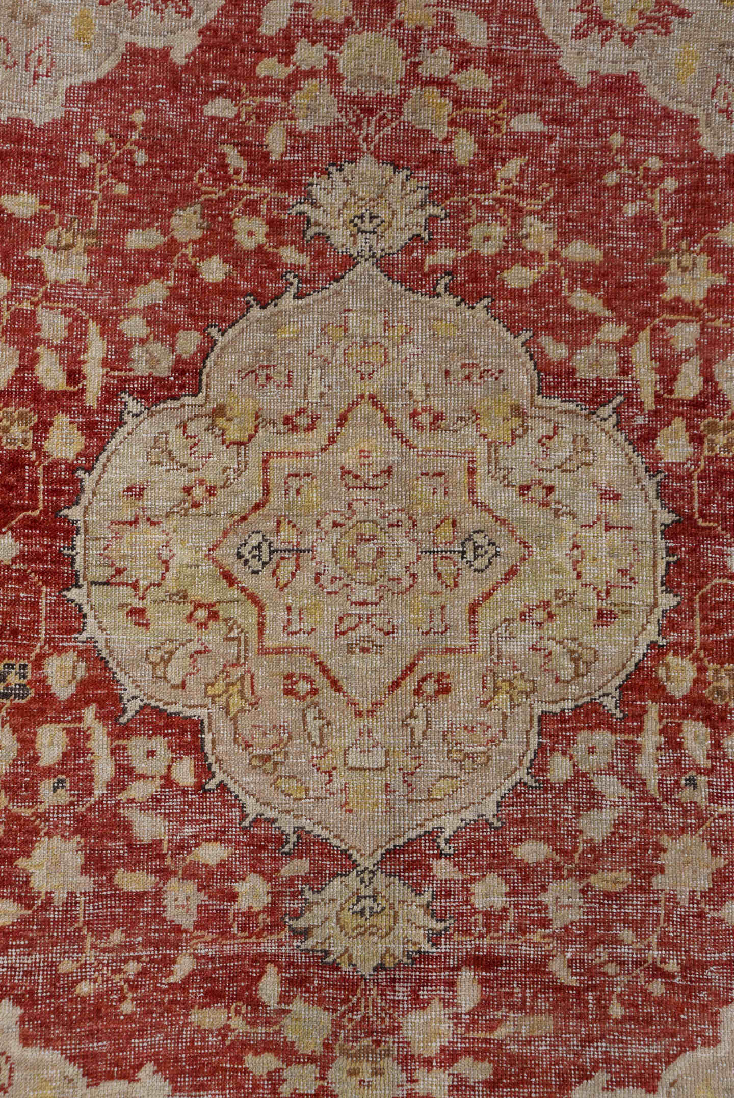 5' x 7' one-of-a-kind handmade vintage Oushak rug. Color palette: pink, orange, gray, light gray, off-white, brown, red