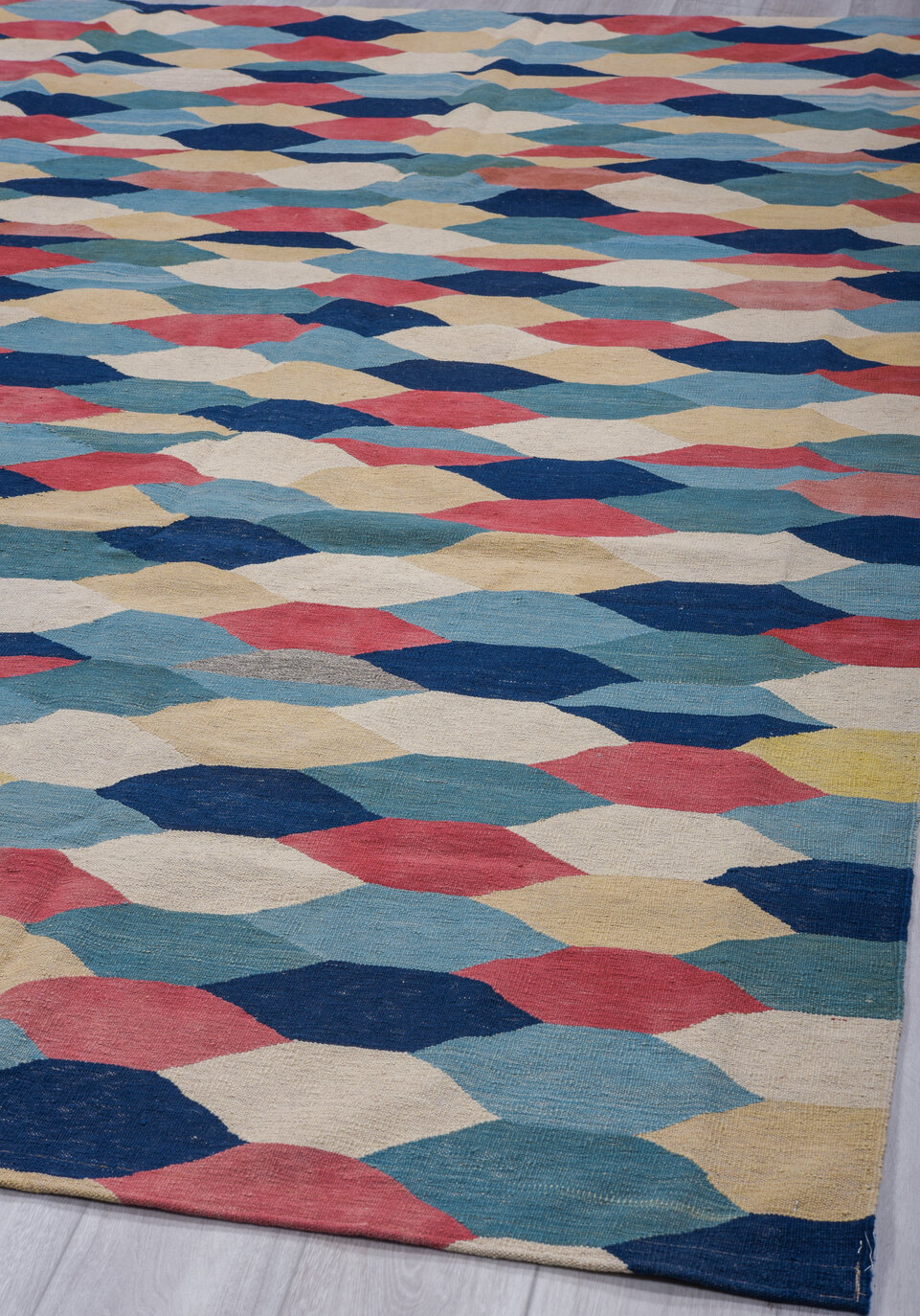 10' x 14' one-of-a-kind handmade vintage Kilim large size rug. Color palette: arapawa, blue, brown, dark gray, gray