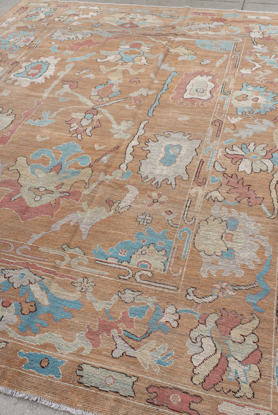 8' x 10' one-of-a-kind handmade vintage Oushak large size rug. Color palette: brown, light gray, off-white, gray, orange