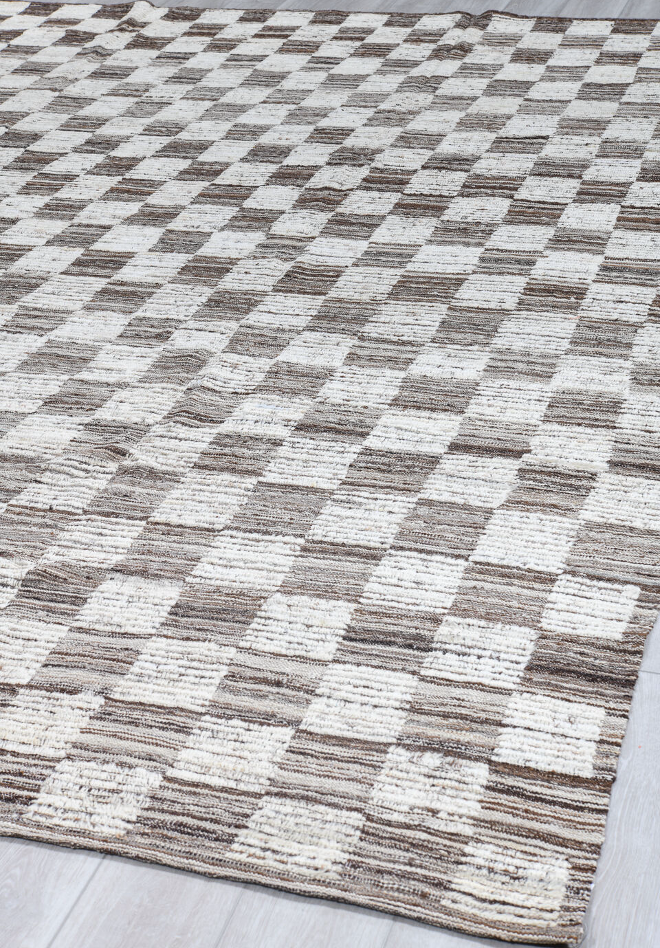 9' x 12' one-of-a-kind handmade vintage Tulu large size rug. Color palette: black, brown, charcoal, dark gray, dim gray