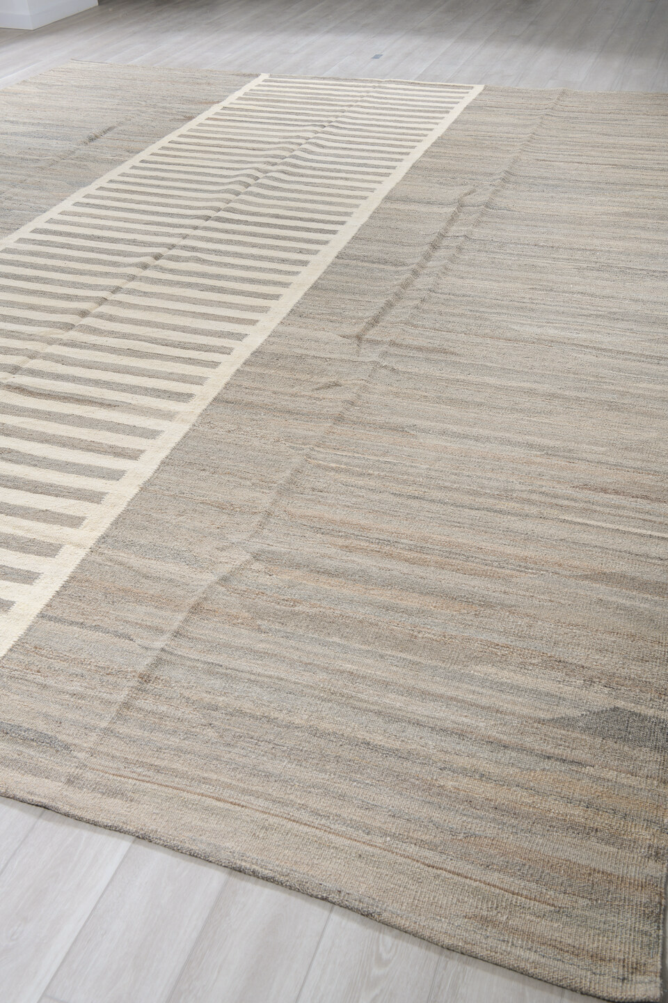 13' x 15' one-of-a-kind handmade vintage Kilim oversize rug. Color palette: dark gray, gray, light gray, off-white, silver