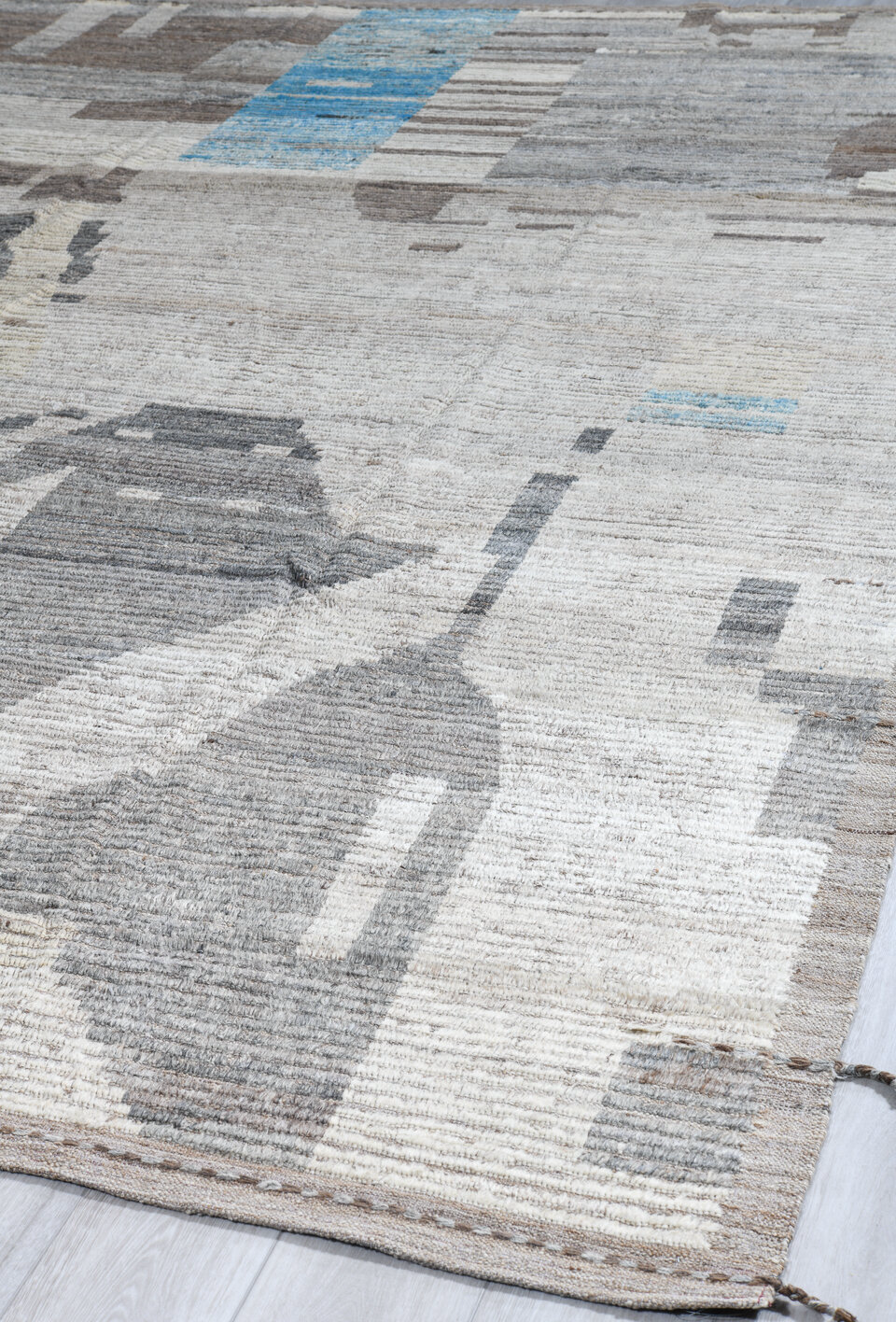 9' x 12' one-of-a-kind handmade vintage Tulu large size rug. Color palette: black, blue, charcoal, dark gray, dim gray