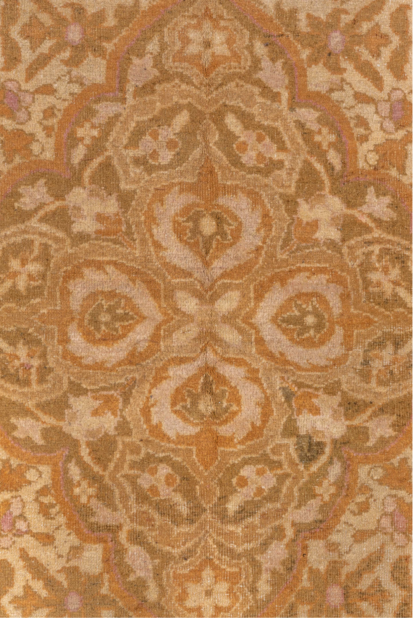 10' x 13' one-of-a-kind handmade vintage Agra large size rug. Color palette: brown, burlywood, off-white, orange, peach puff