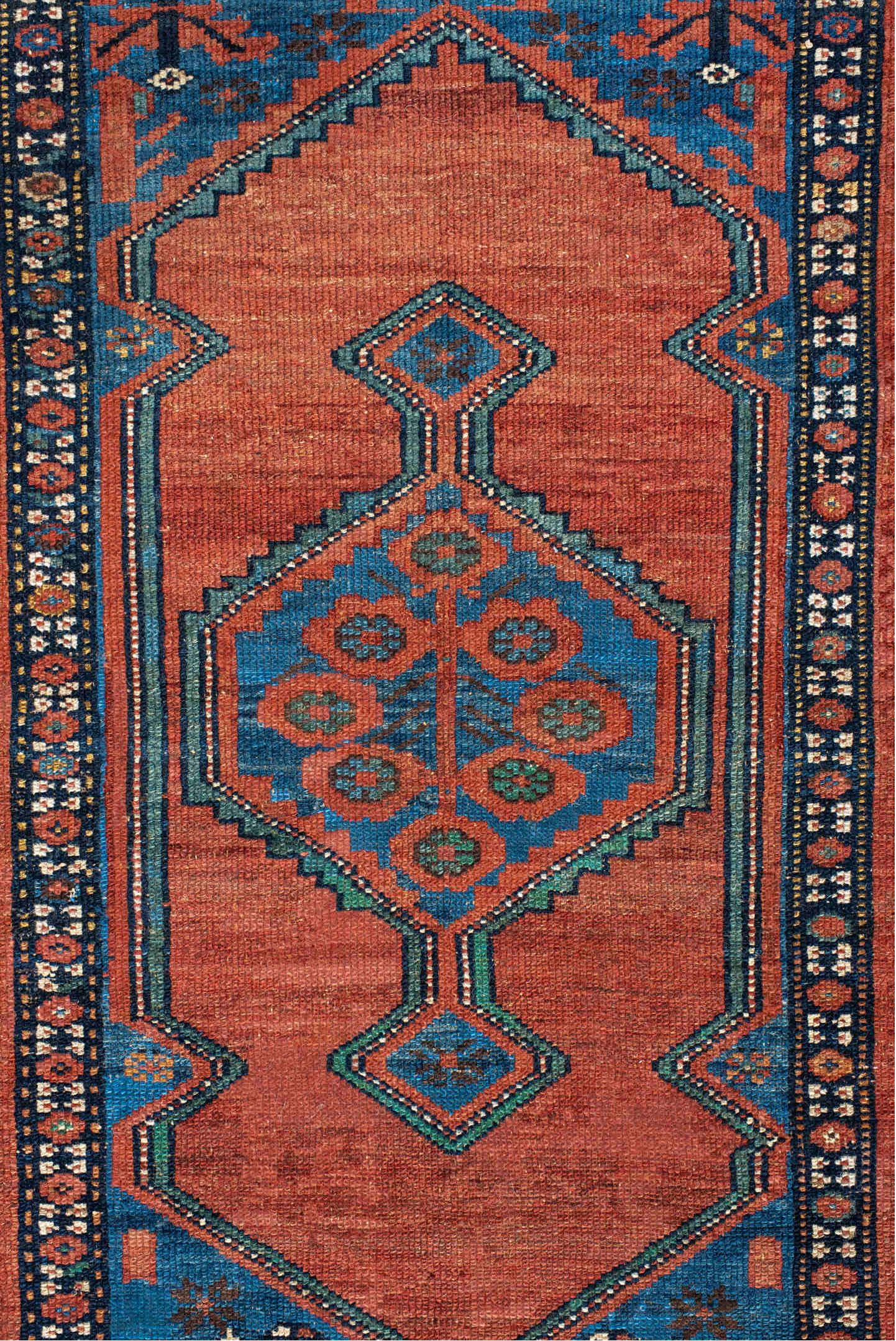 2' x 4' one-of-a-kind handmade vintage Cam Hamadan small size rug. Color palette: arapawa, blue, brown, fiord, gray, red