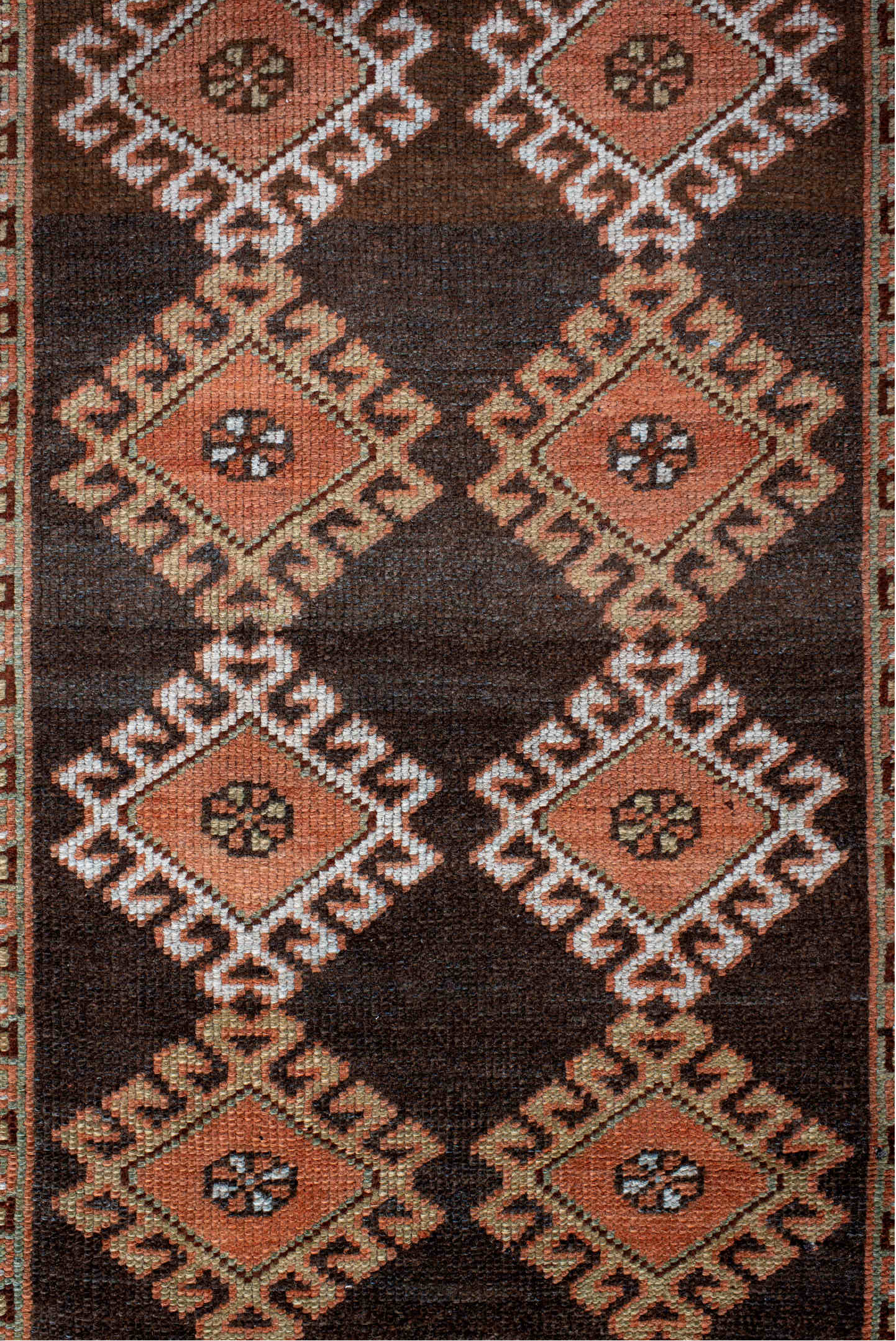 3' x 7' one-of-a-kind handmade vintage Gabbe runner rug. Color palette: black, blue, brown, dark gray, gray, light gray