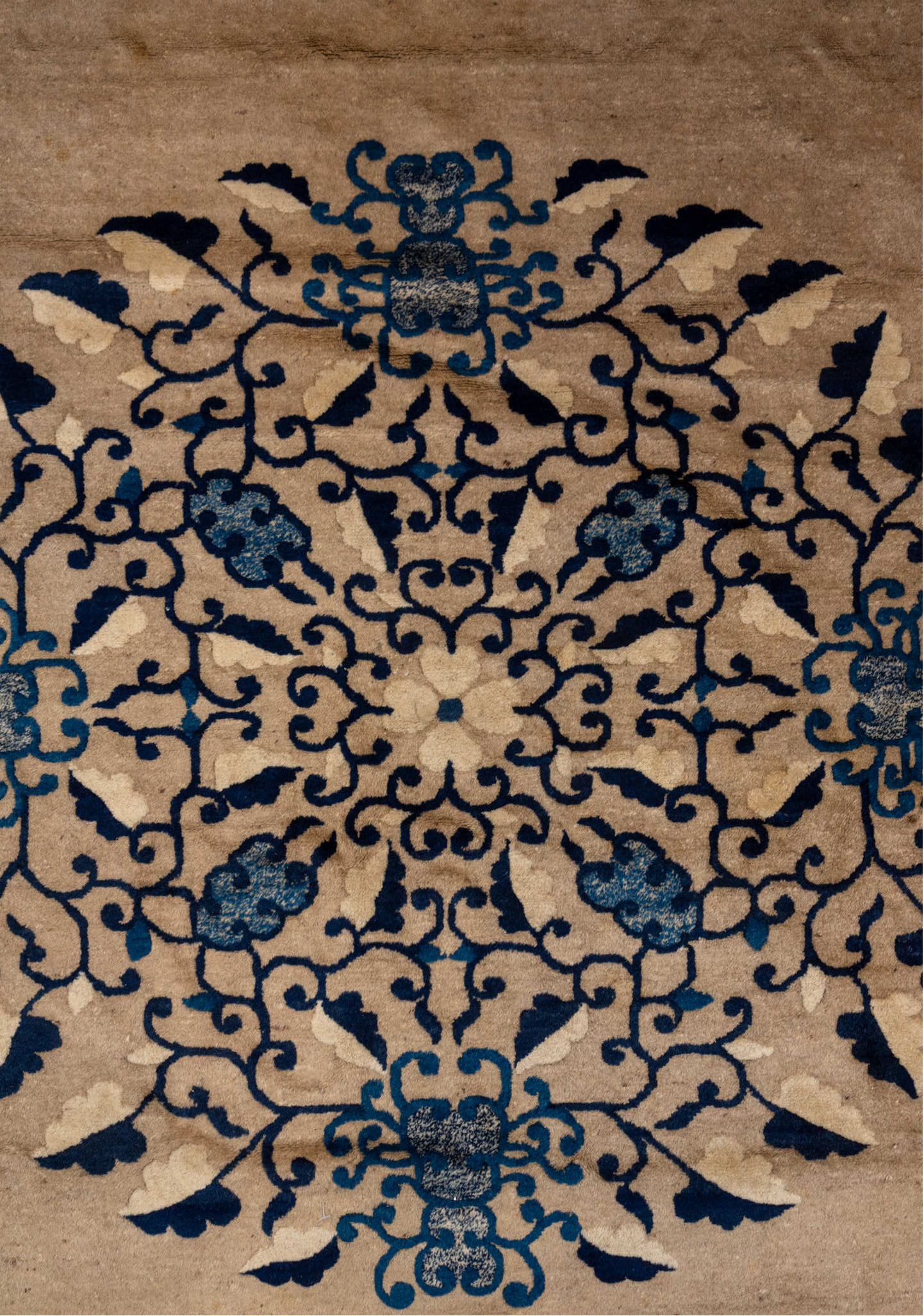 16' x 16' one-of-a-kind handmade vintage Chinese oversize rug. Color palette: gray, blue, brown, orange, light gray