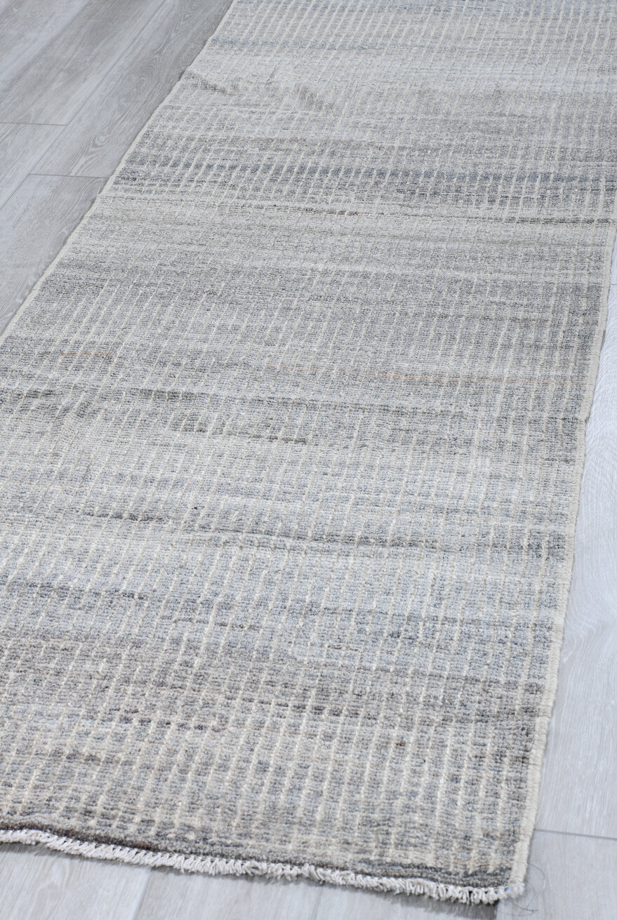 3' x 9' one-of-a-kind handmade vintage Kilim runner rug. Color palette: dark gray, dim gray, gainsboro, gray, light gray