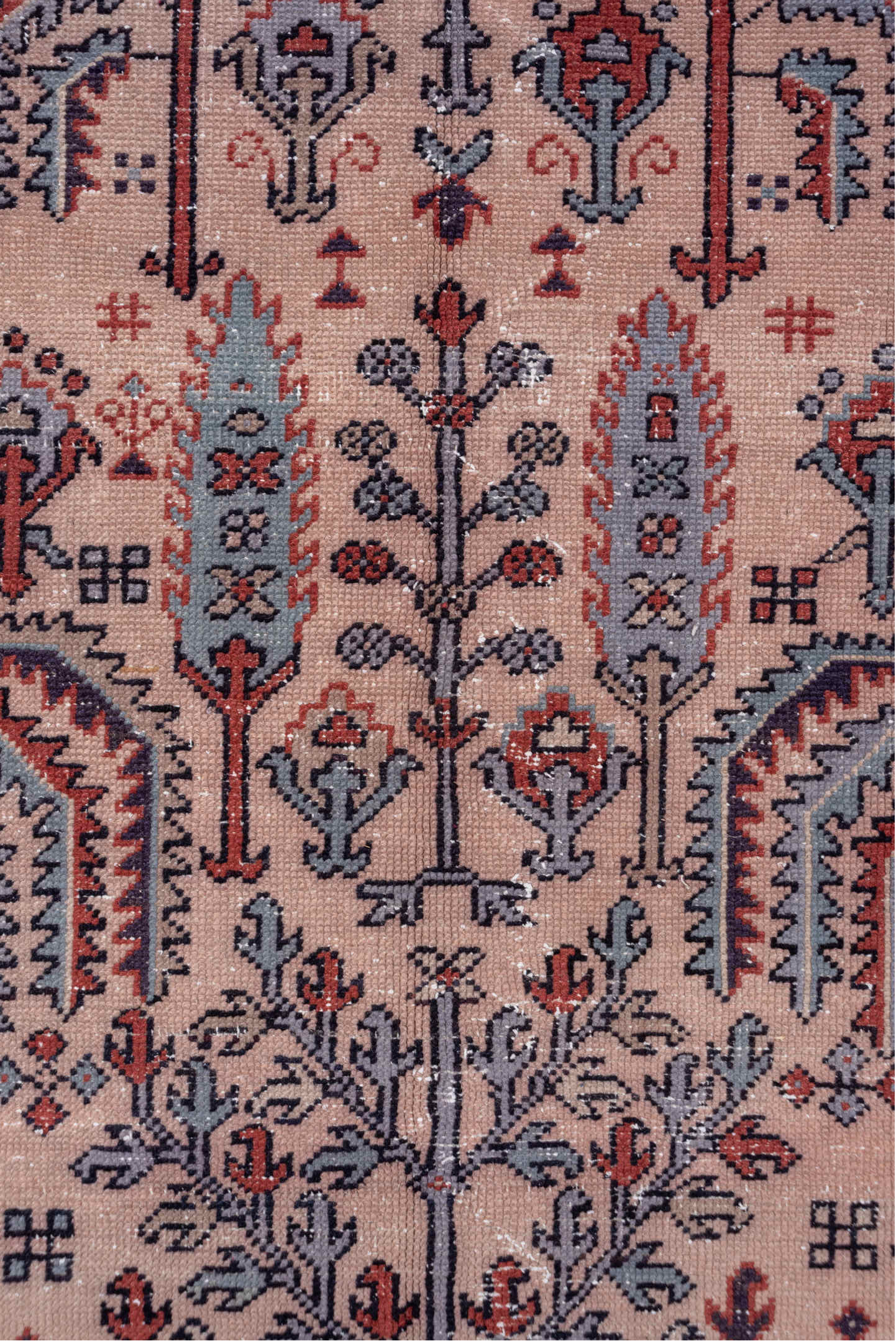 7' x 9' one-of-a-kind handmade vintage Oushak rug. Color palette: blue, brown, gray, pink, red, rosy brown, wine