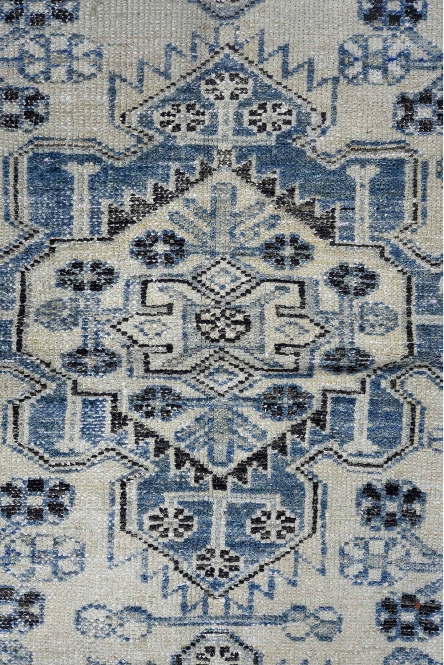 2' x 9' one-of-a-kind handmade vintage Karaje runner rug. Color palette: gray, light gray, off-white, black, blue, silver
