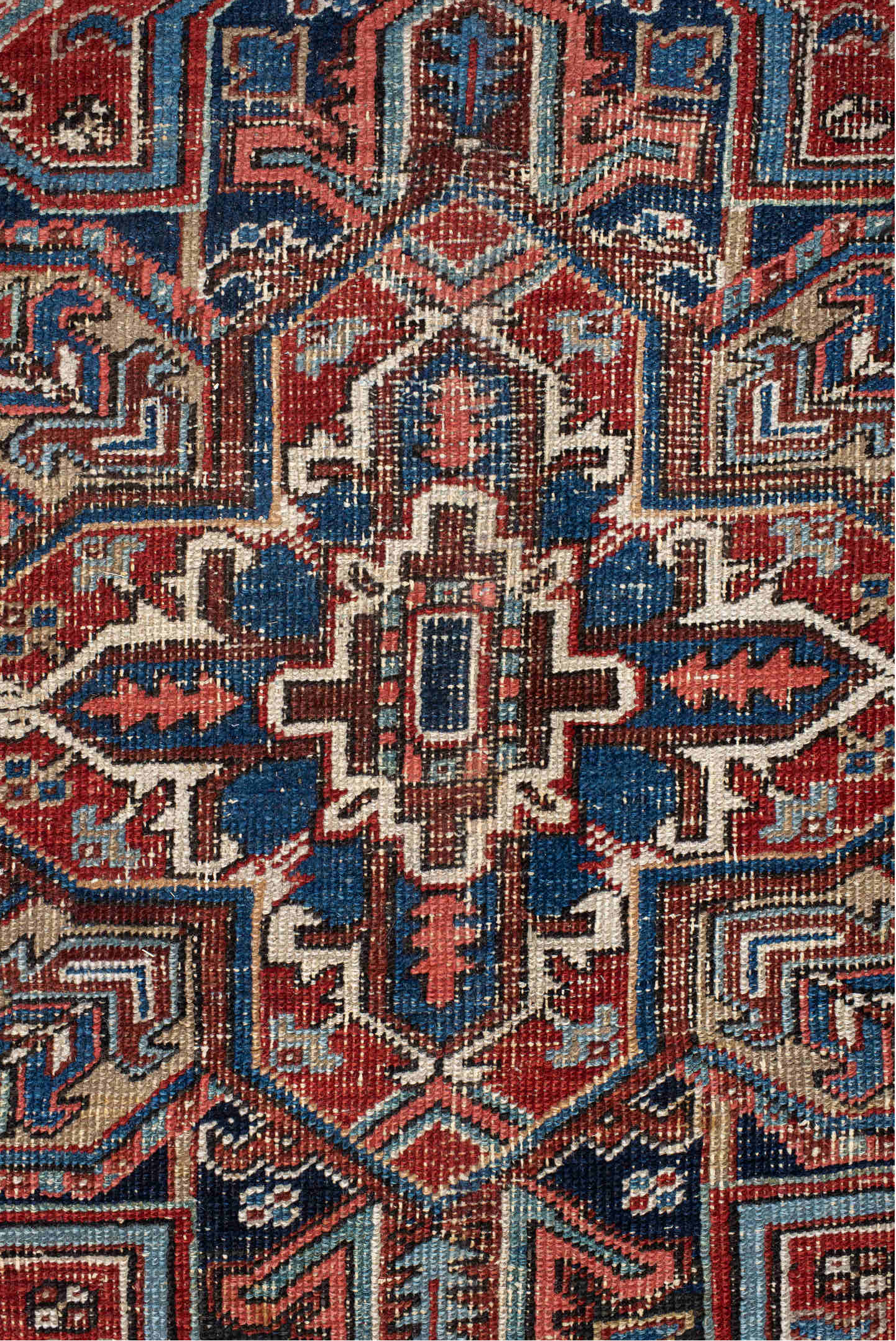 6' x 9' one-of-a-kind handmade vintage Heriz medium size rug. Color palette: gray, pink, blue, off-white, red, brown