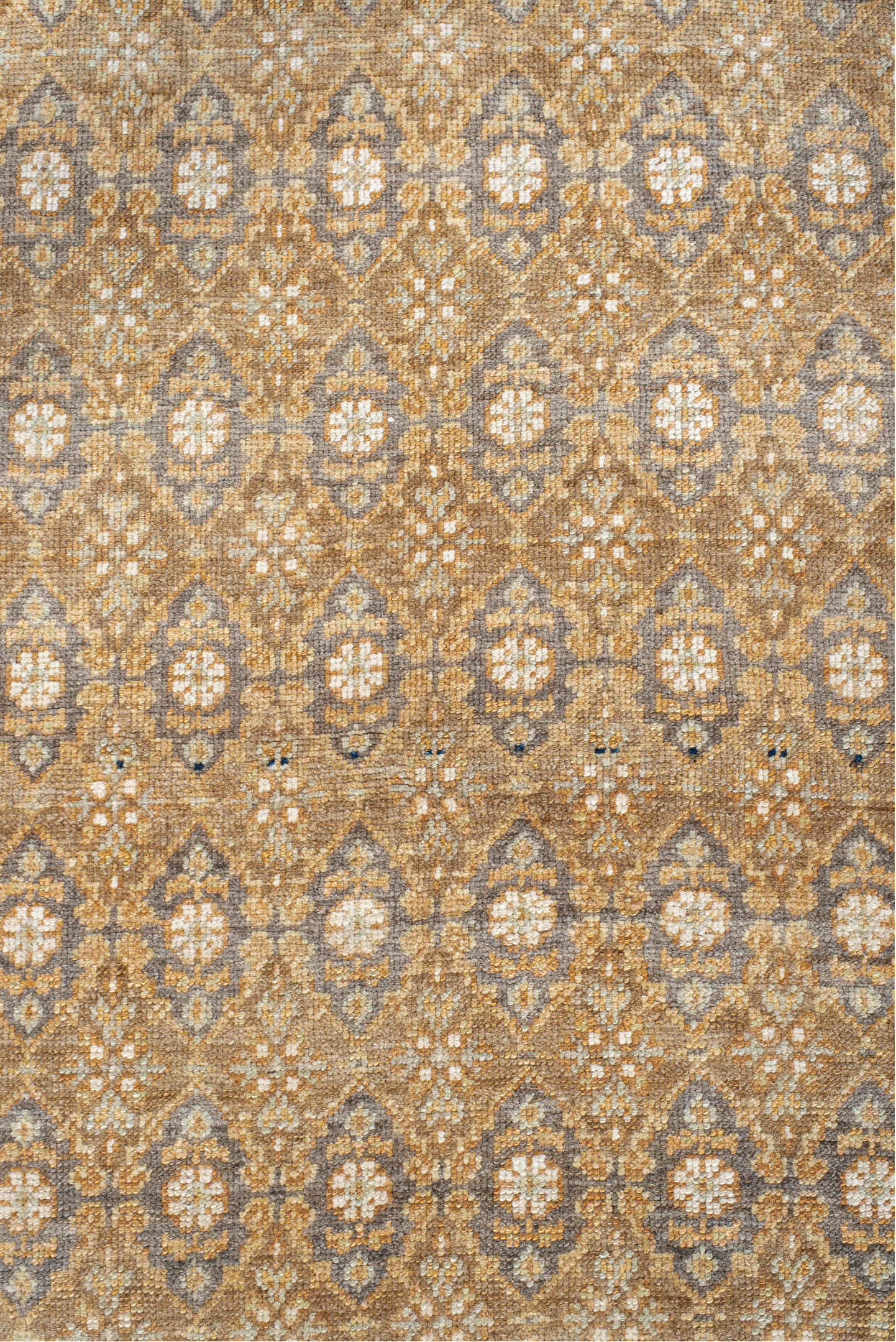 3' x 11' one-of-a-kind handmade vintage Anatol runner rug. Color palette: brown, gray, light gray, linen, off-white