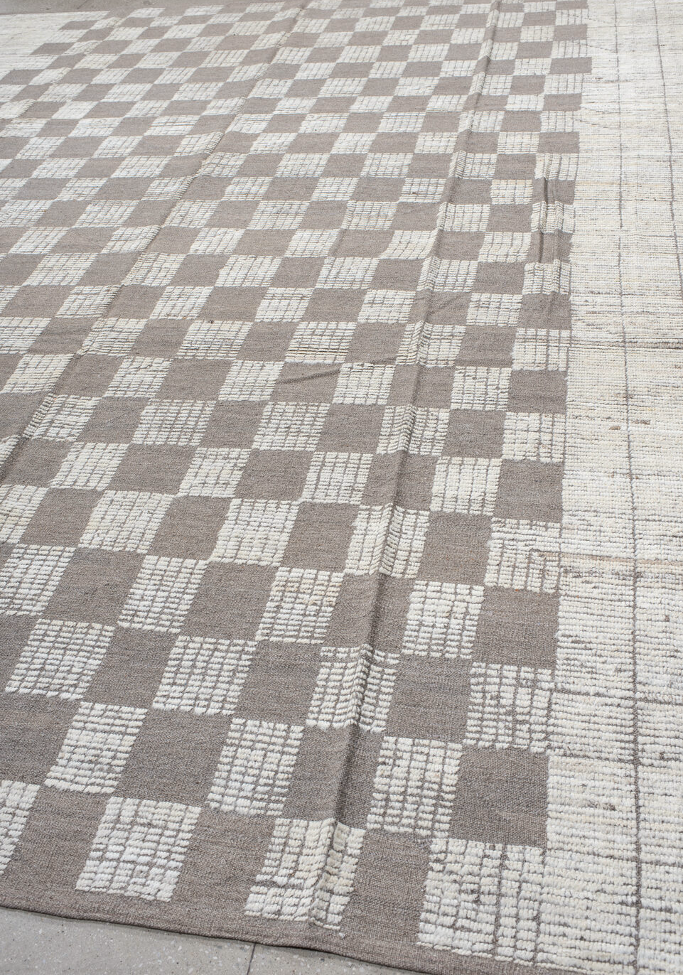 10' x 13' one-of-a-kind handmade vintage Tulu large size rug. Color palette: gray, light gray, off-white, silver, dim gray