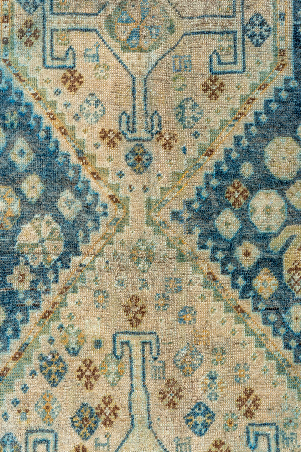 4' x 5' one-of-a-kind handmade vintage Shiraz small size rug. Color palette: blue, brown, gray, light gray, off-white
