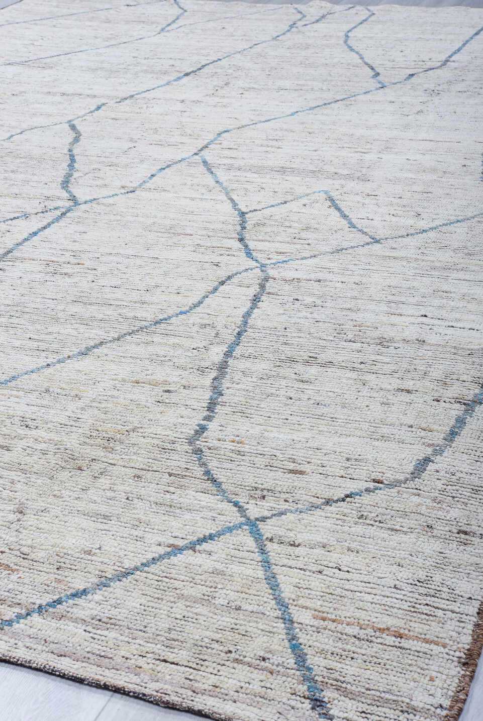 16' x 19' one-of-a-kind handmade vintage Tulu oversize rug. Color palette: blue, dark gray, gainsboro, gray, light gray