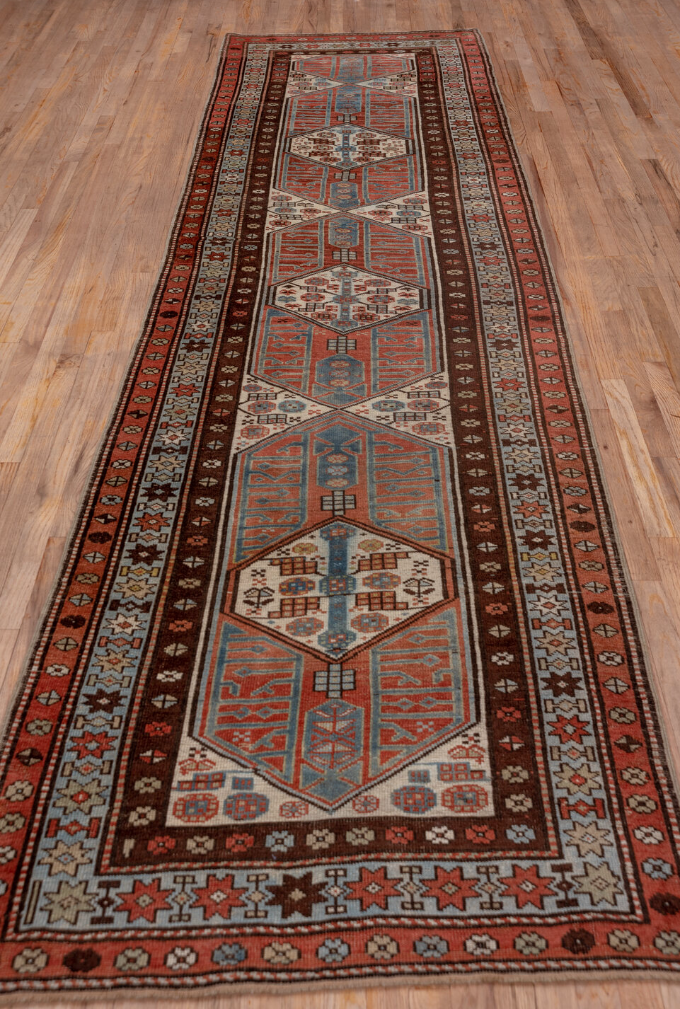 3' x 13' one-of-a-kind handmade vintage Sarab runner rug. Color palette: blue, brown, dark gray, dim gray, gray, light gray