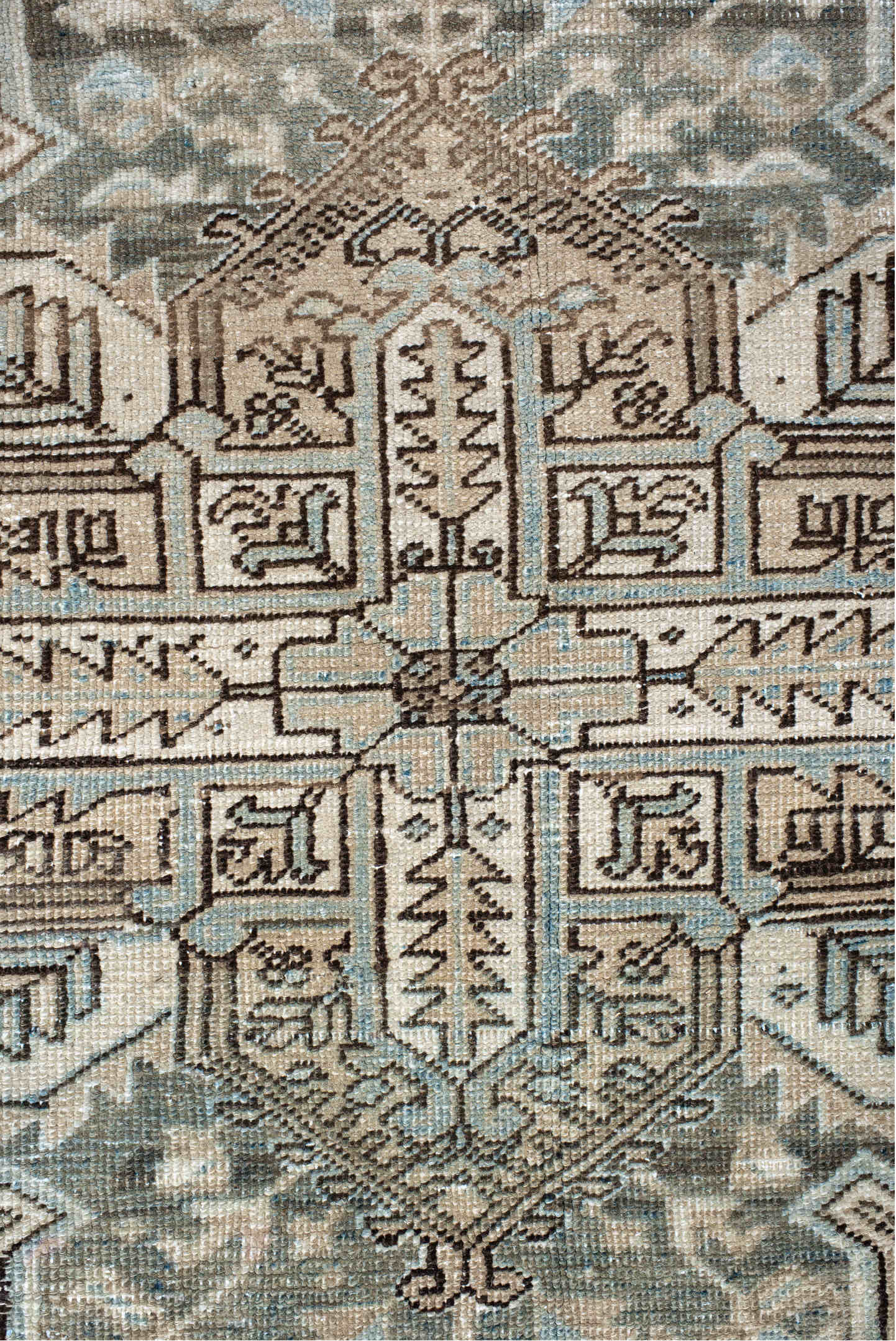 7' x 8' one-of-a-kind handmade vintage Heriz rug. Color palette: black, brown, gray, light gray, linen, off-white, pink