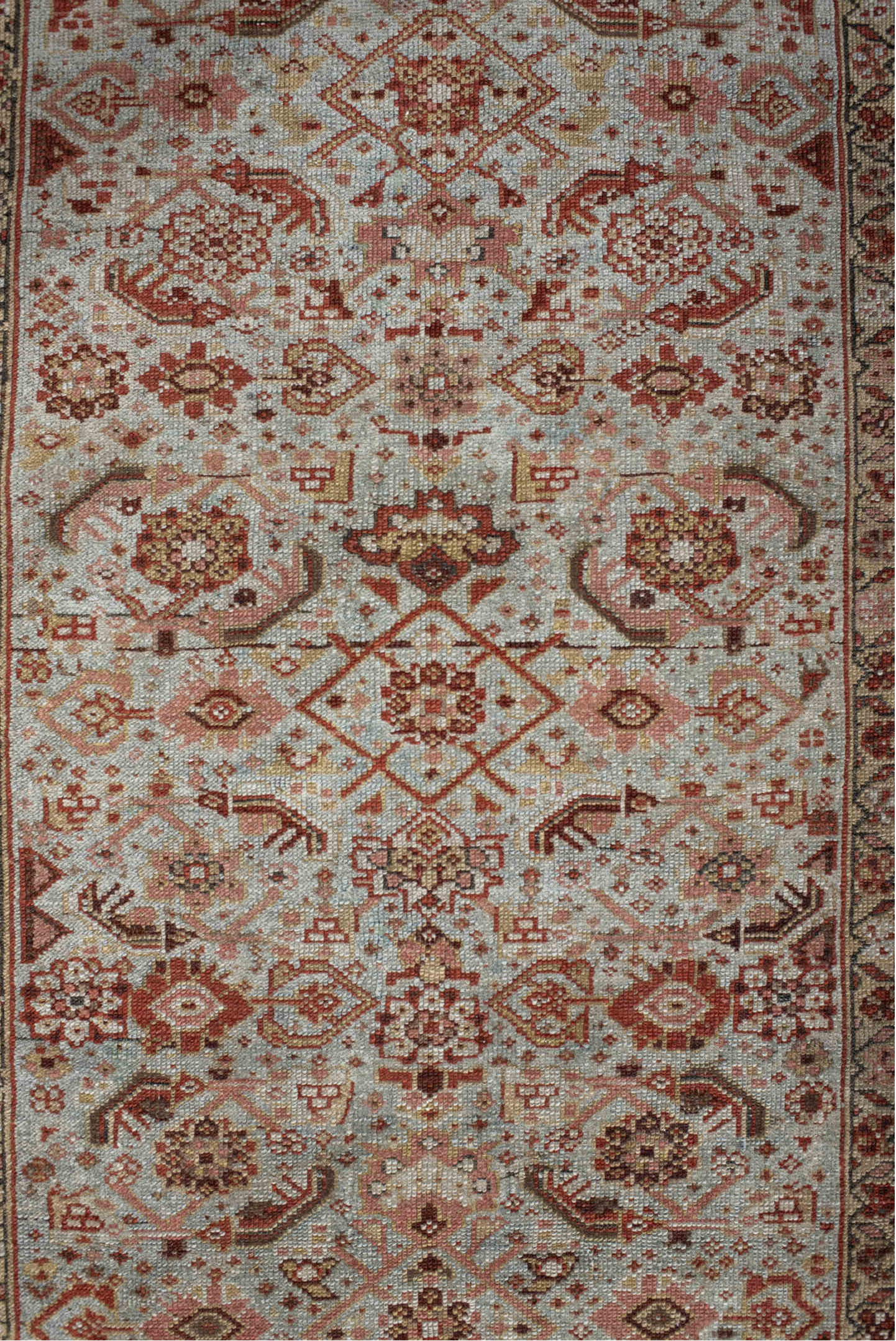 3' x 15' one-of-a-kind handmade vintage Malayer runner rug. Color palette: brown, dark gray, gray, light gray, off-white