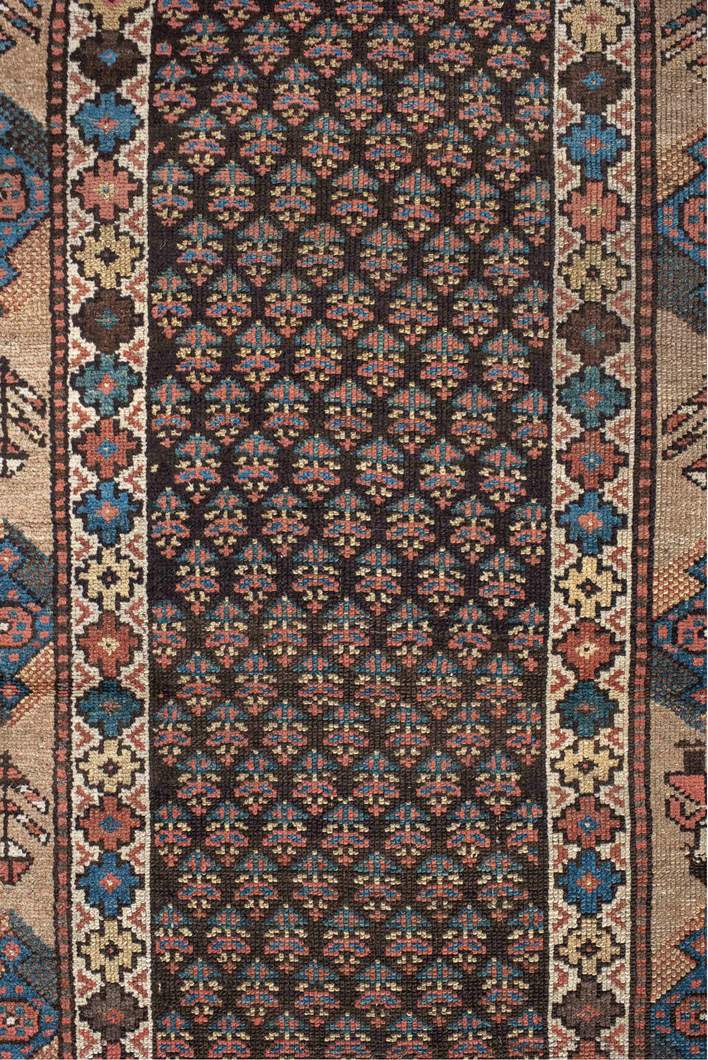 2' x 11' one-of-a-kind handmade vintage NW Persian runner rug. Color palette: gray, blue, orange, off-white, brown, red