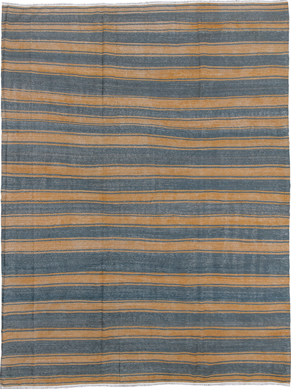 9' x 11' one-of-a-kind handmade vintage Kilim large size rug. Color palette: black, blue, brown, burlywood, dark gray, gray