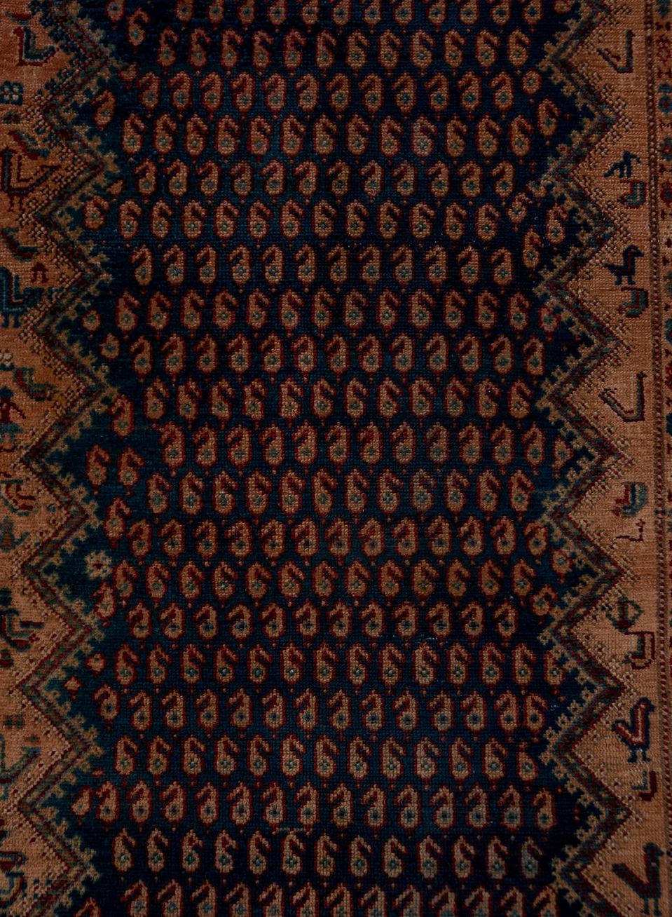 3' x 16' one-of-a-kind handmade vintage Malayer runner rug. Color palette: blue, brown, dim gray, gray, off-white, pink