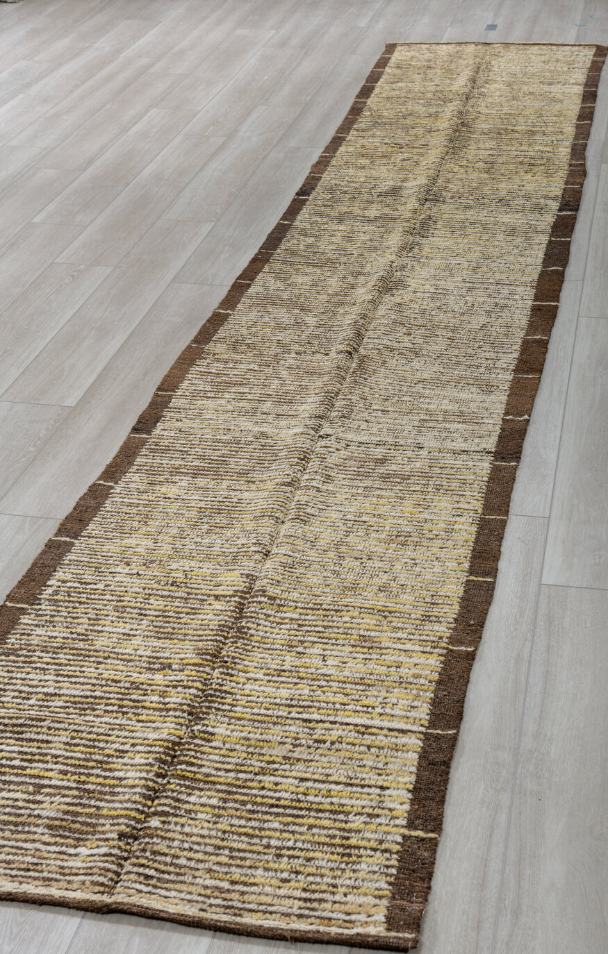 2' x 15' one-of-a-kind handmade vintage Tulu runner rug. Color palette: black, brown, gray, light gray, off-white, yellow