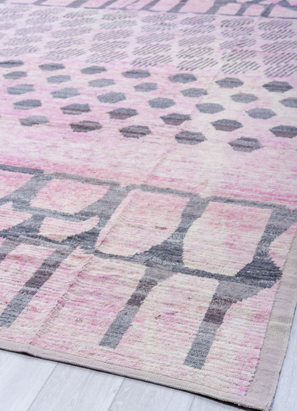 12' x 15' one-of-a-kind handmade vintage Tulu oversize rug. Color palette: black, blue, gainsboro, gray, lavender