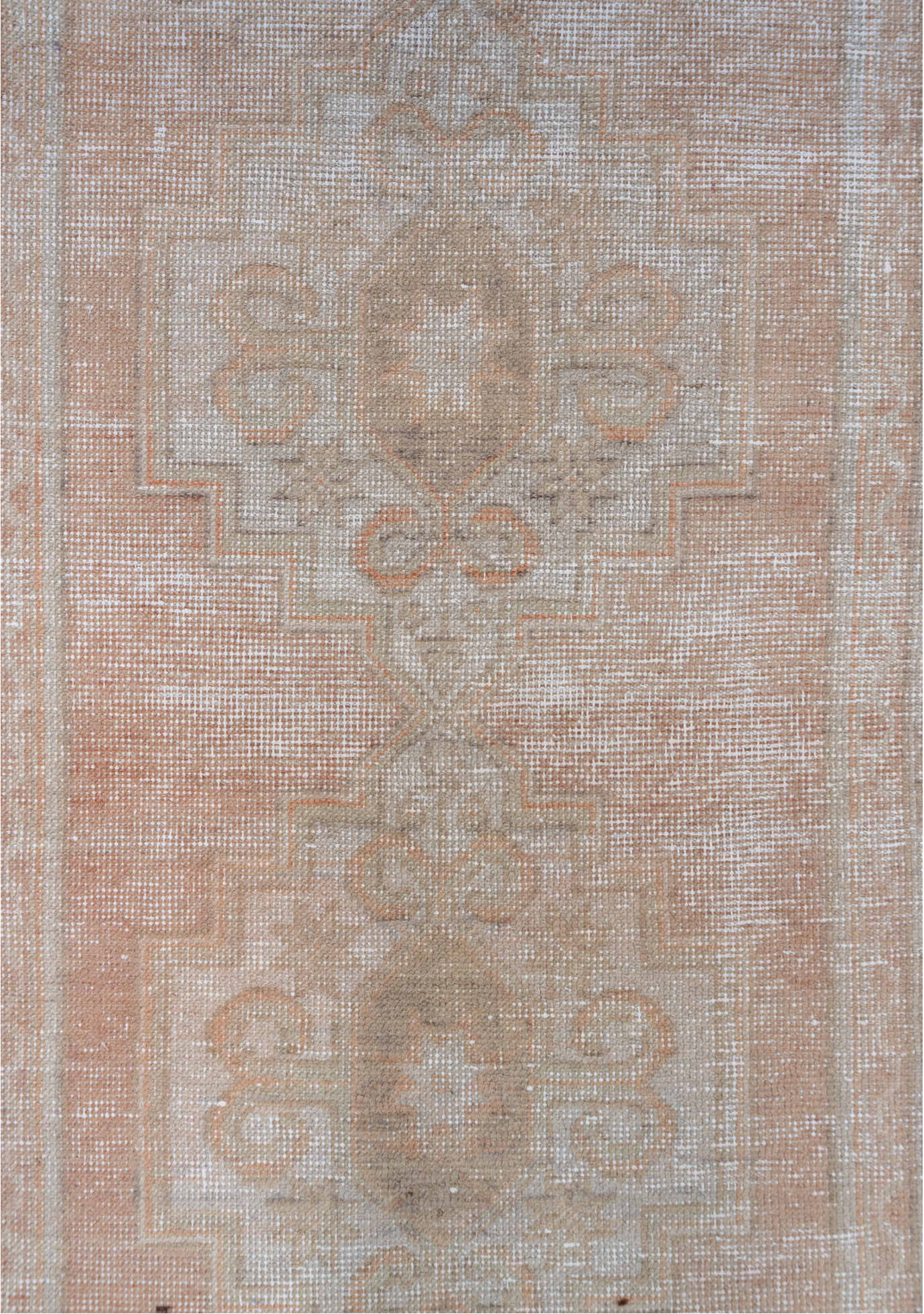 3' x 9' one-of-a-kind handmade vintage Oushak runner rug. Color palette: brown, gray, light gray, off-white, pink, snow