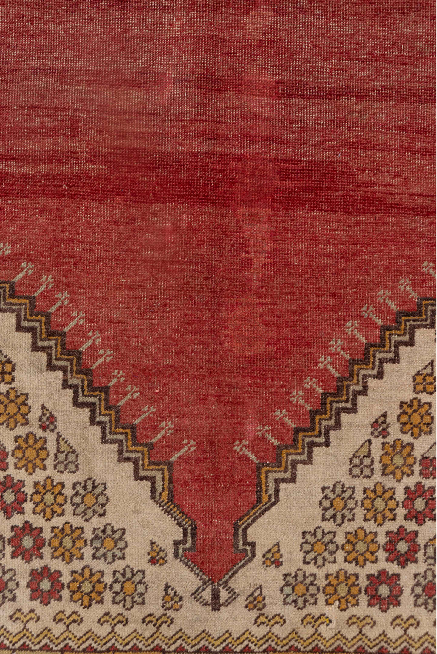 4' x 5' one-of-a-kind handmade vintage Oushak small size rug. Color palette: brown, gray, light gray, off-white, pink, red