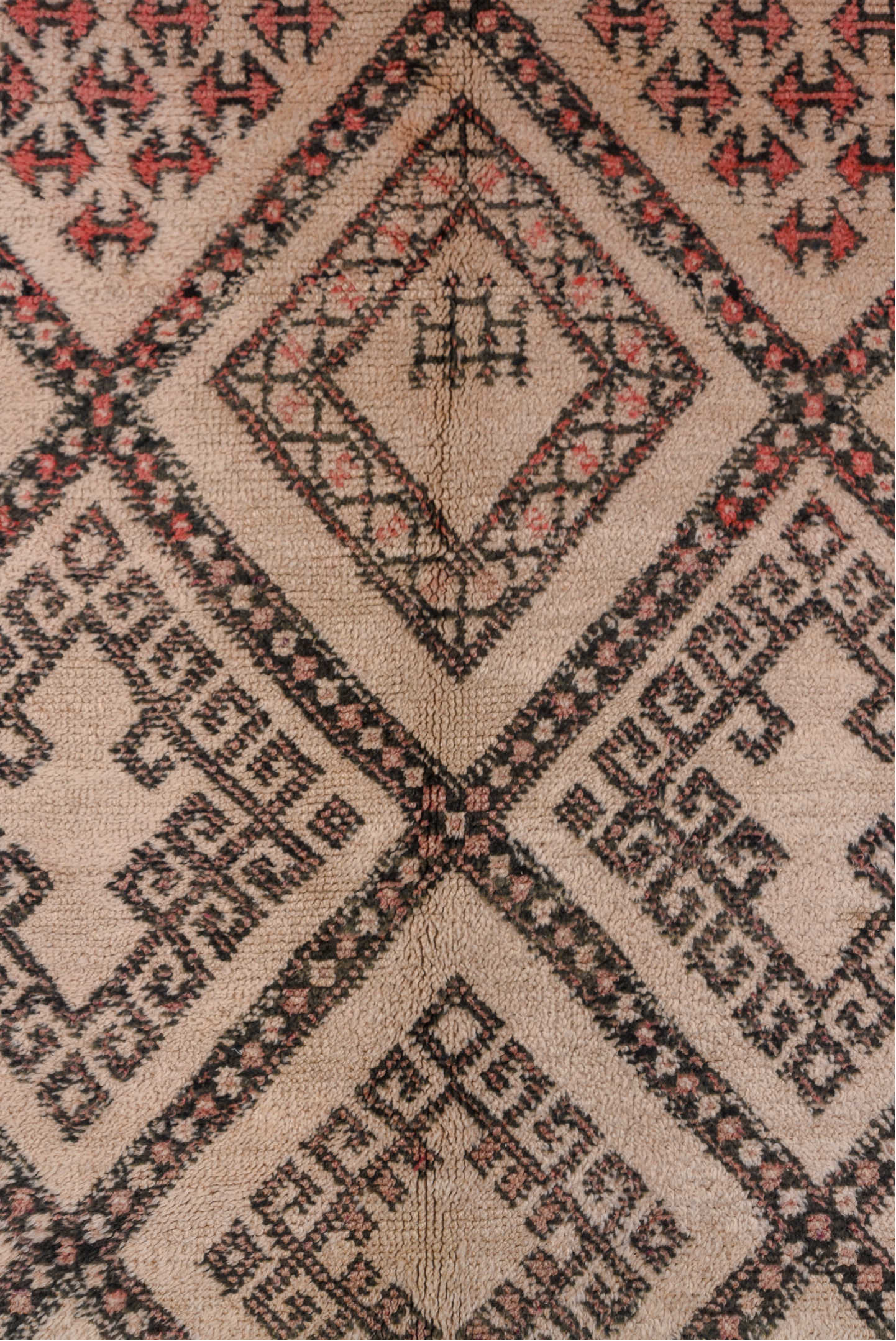 6' x 12' one-of-a-kind handmade vintage Moroccan large size rug. Color palette: brown, gray, orange, pink, red